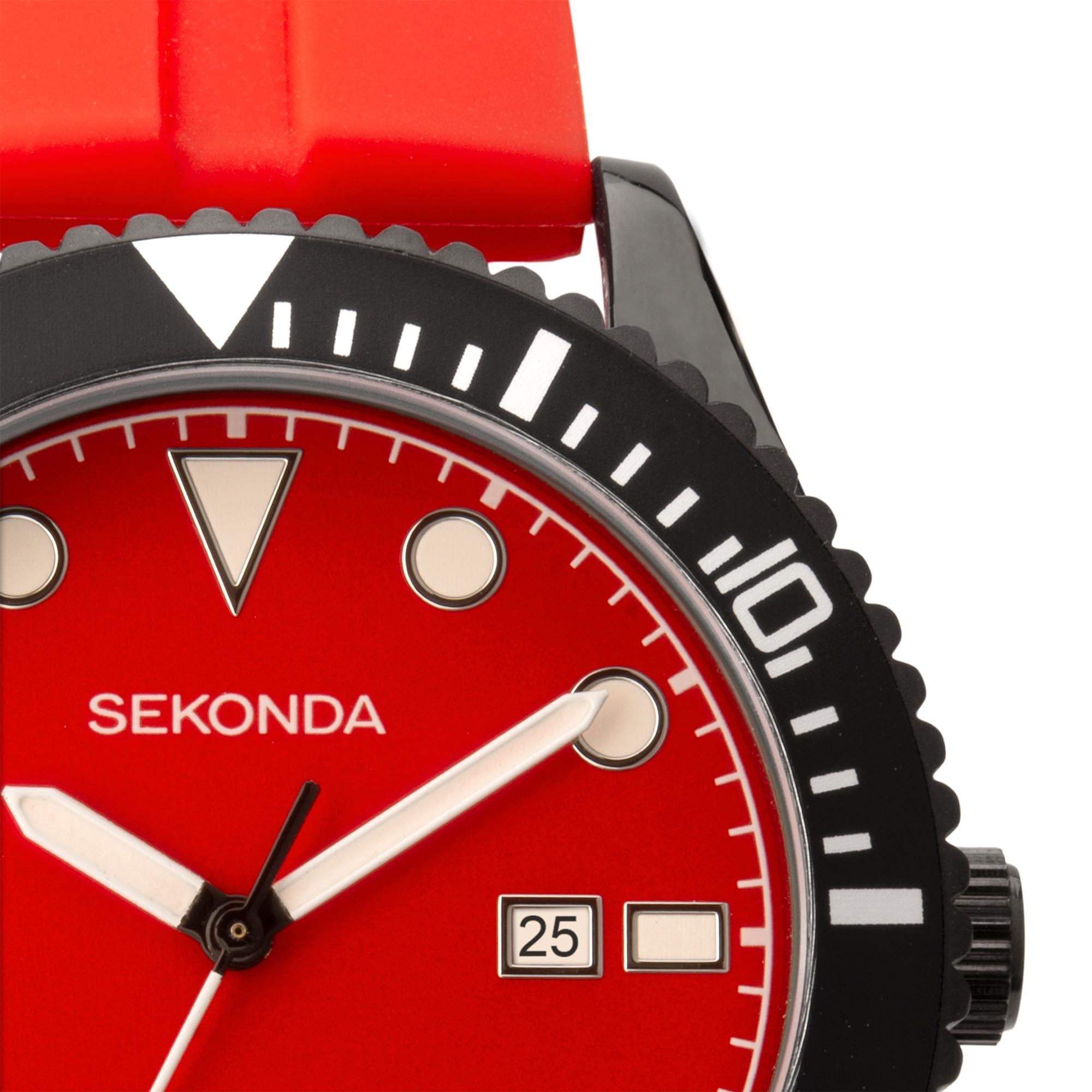 Sekonda Sports Quarz Rotes Zifferblatt Rotes Gummi Armband Herren Uhr 1985