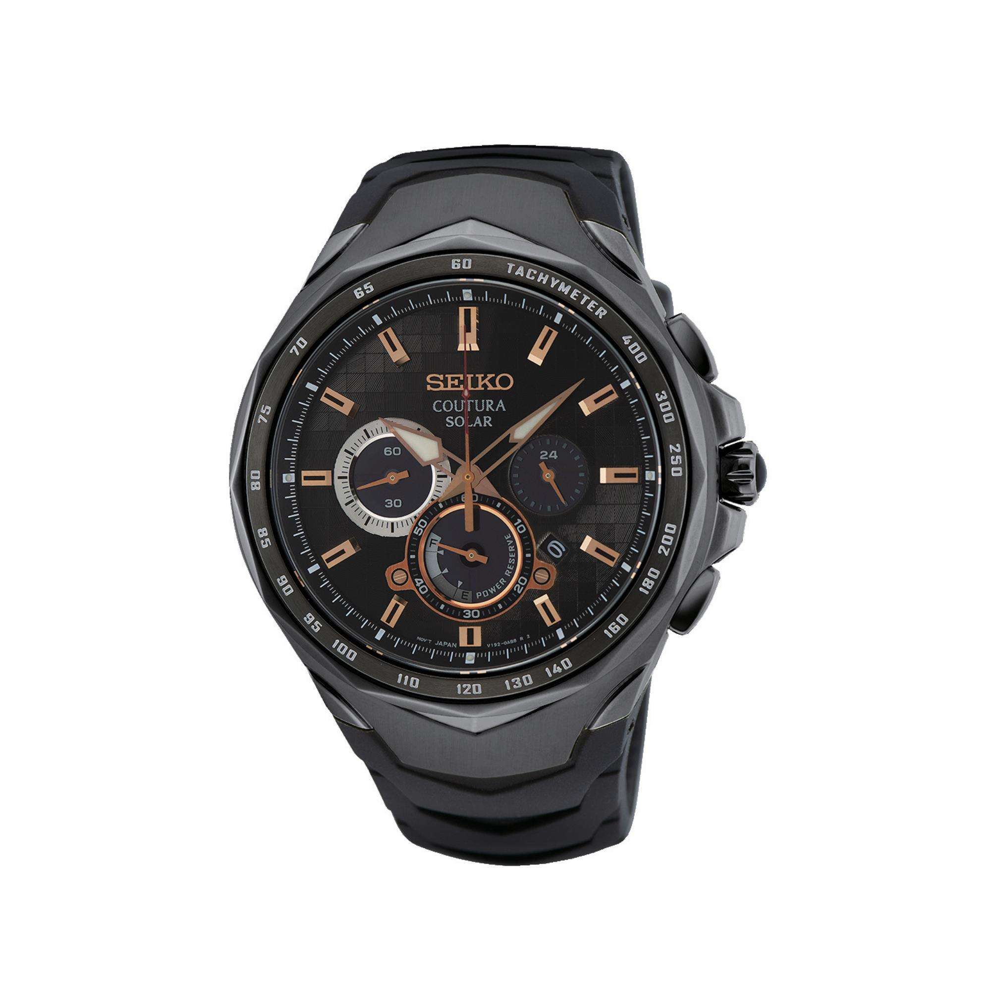 Seiko Coutura Solar Quarz Schwarzes Zifferblatt Schwarzes Silikonarmband Herren Uhr SSC811P9