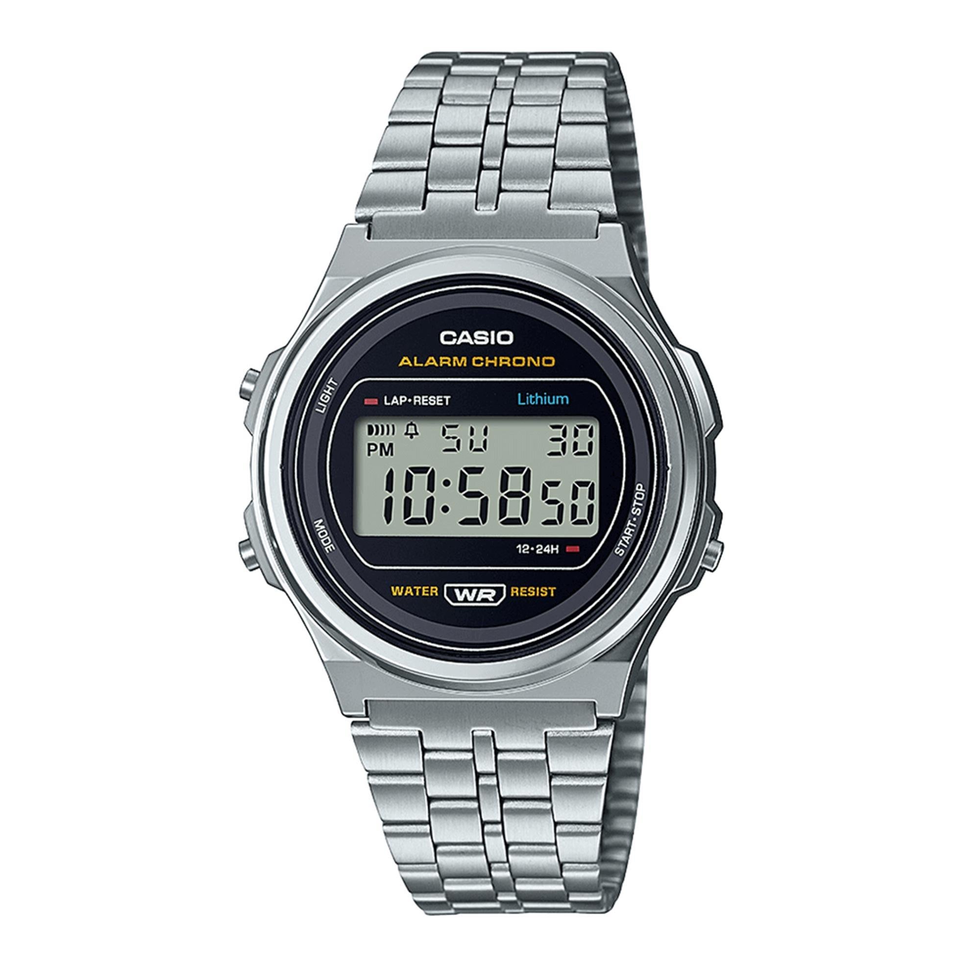 Casio Collection Quarz Schwarzes Zifferblatt Edelstahlarmband Herrenarmbanduhr A171WE-1AEF