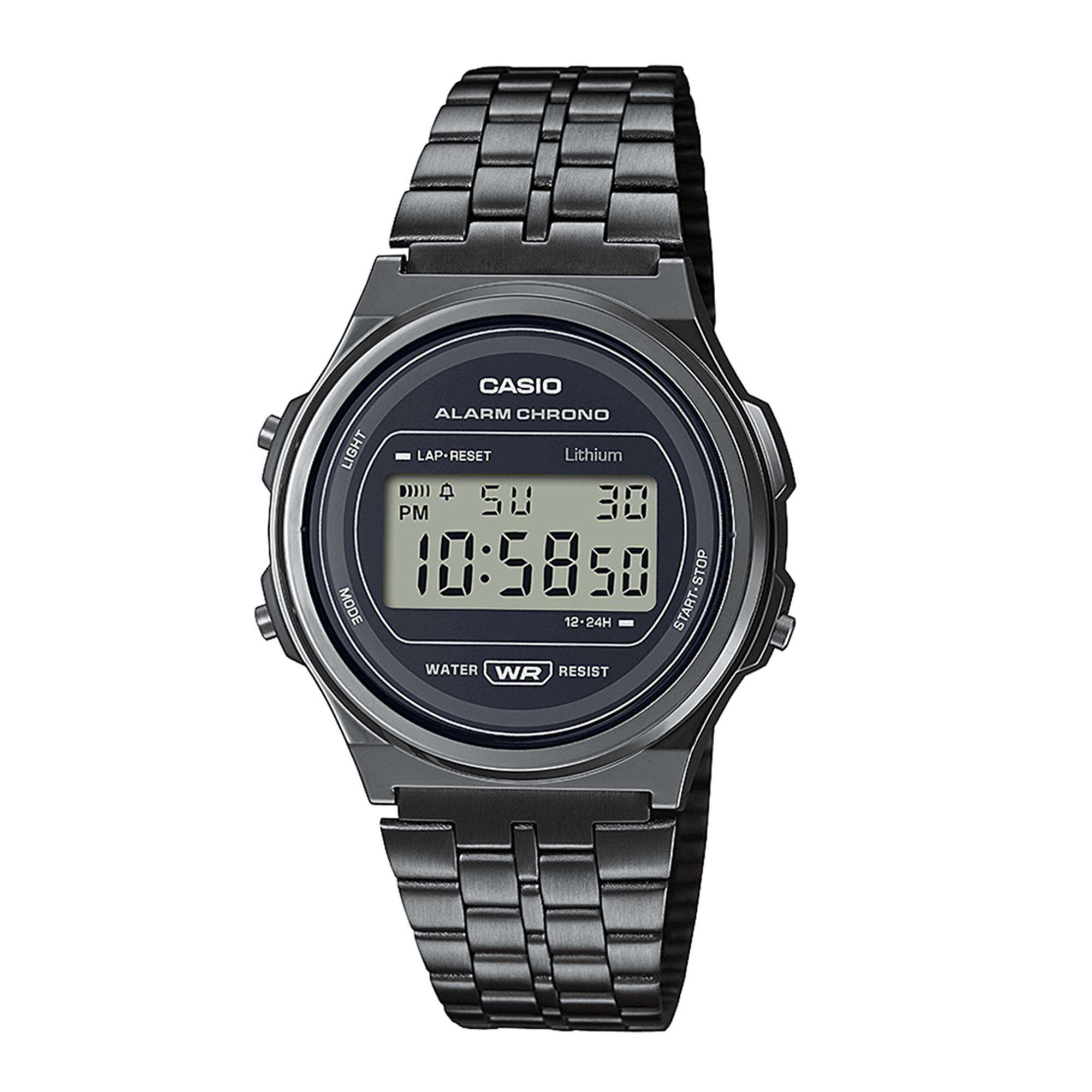 Casio Collection Quarz Schwarzes Zifferblatt Gunmetal Grau PVD Edelstahl Armband Herren Uhr A171WEGG-1AEF