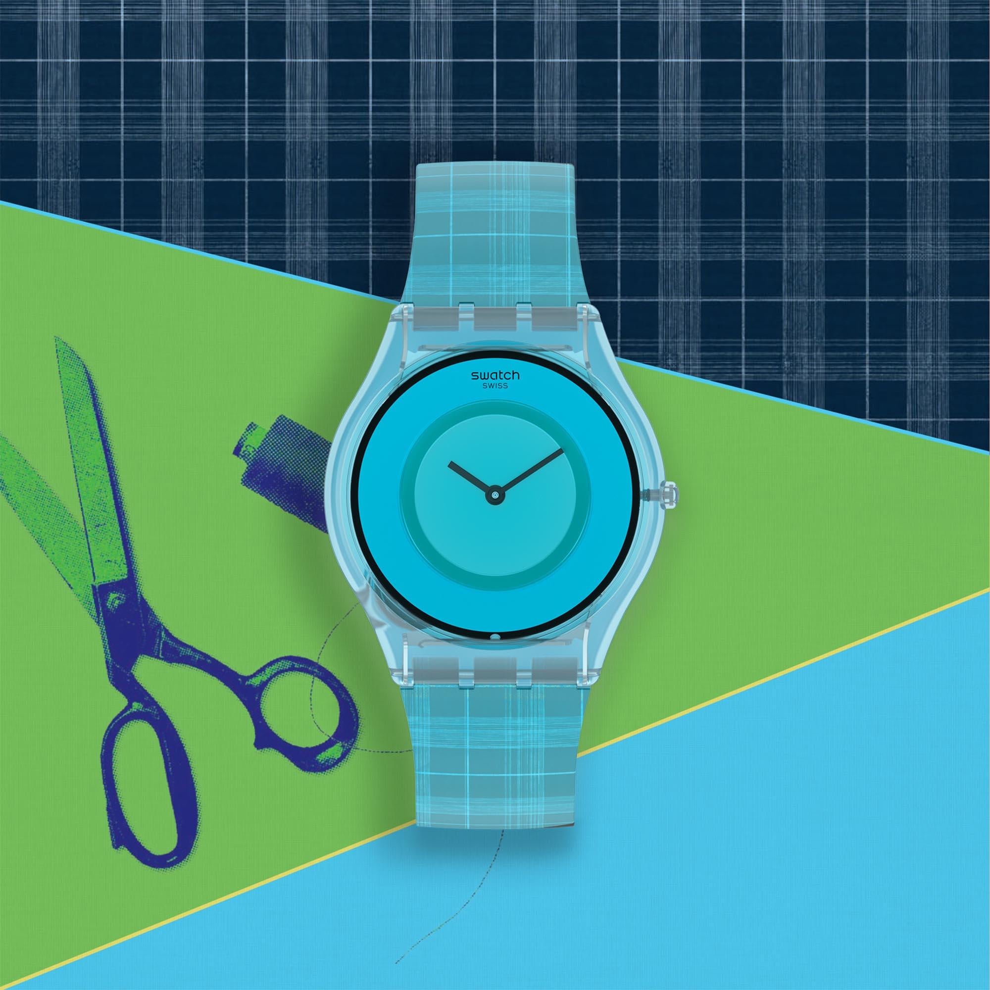 Swatch Supriya Sari Mardas 01 Quarz Uhr mit blauem Zifferblatt und mehrfarbigem Silikonarmband SS08Z102