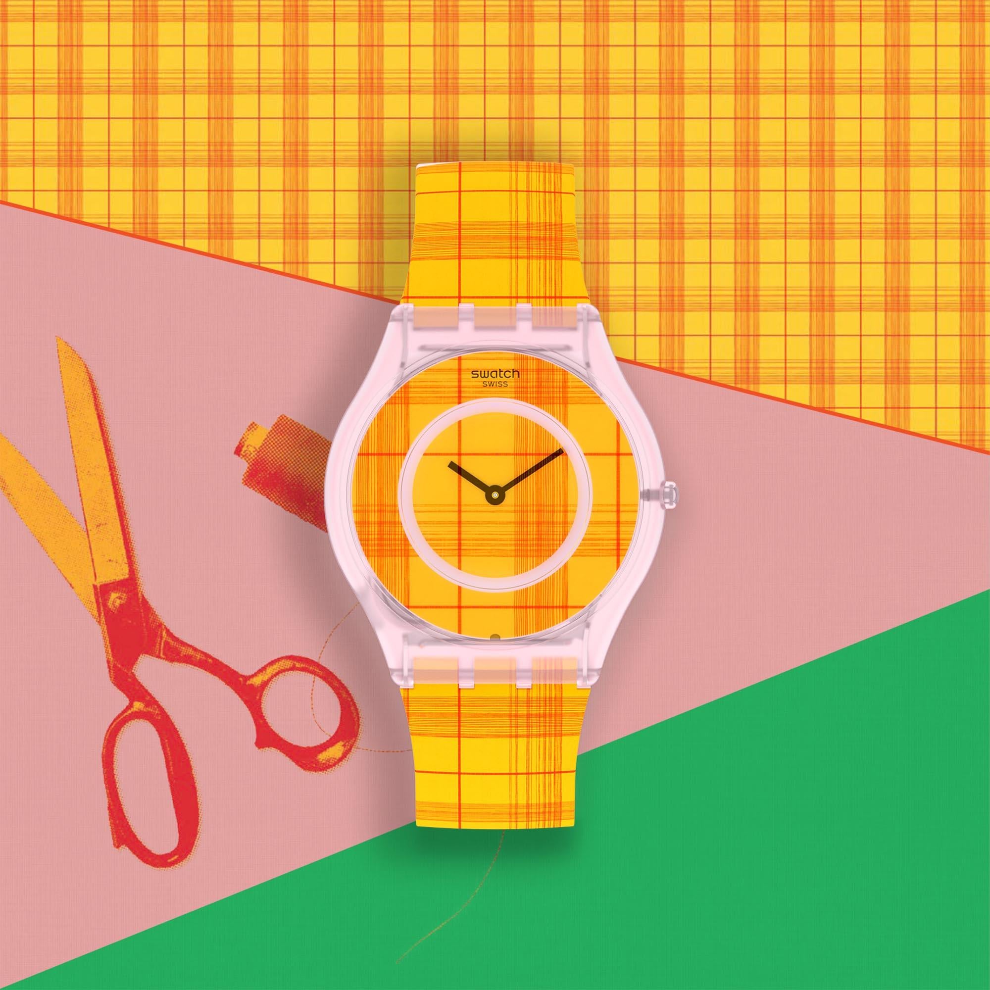 Swatch Supriya Fire Mardas 02 Quarz Uhr mit orangefarbenem Zifferblatt und Silikonarmband SS08Z105