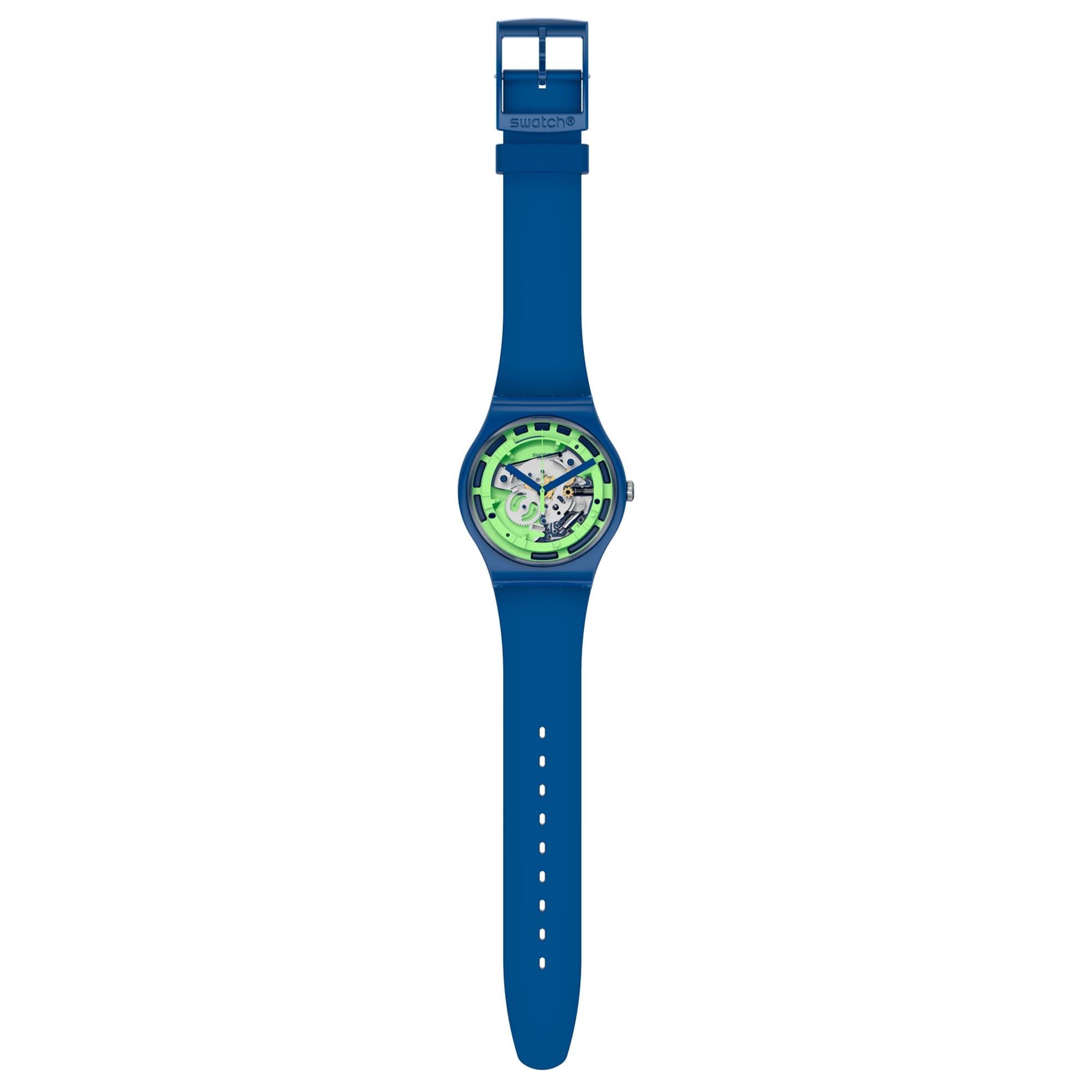Swatch Blaues Anatomie Quarz Transparentes Zifferblatt Grünes Silikonarmband Uhr SUON147