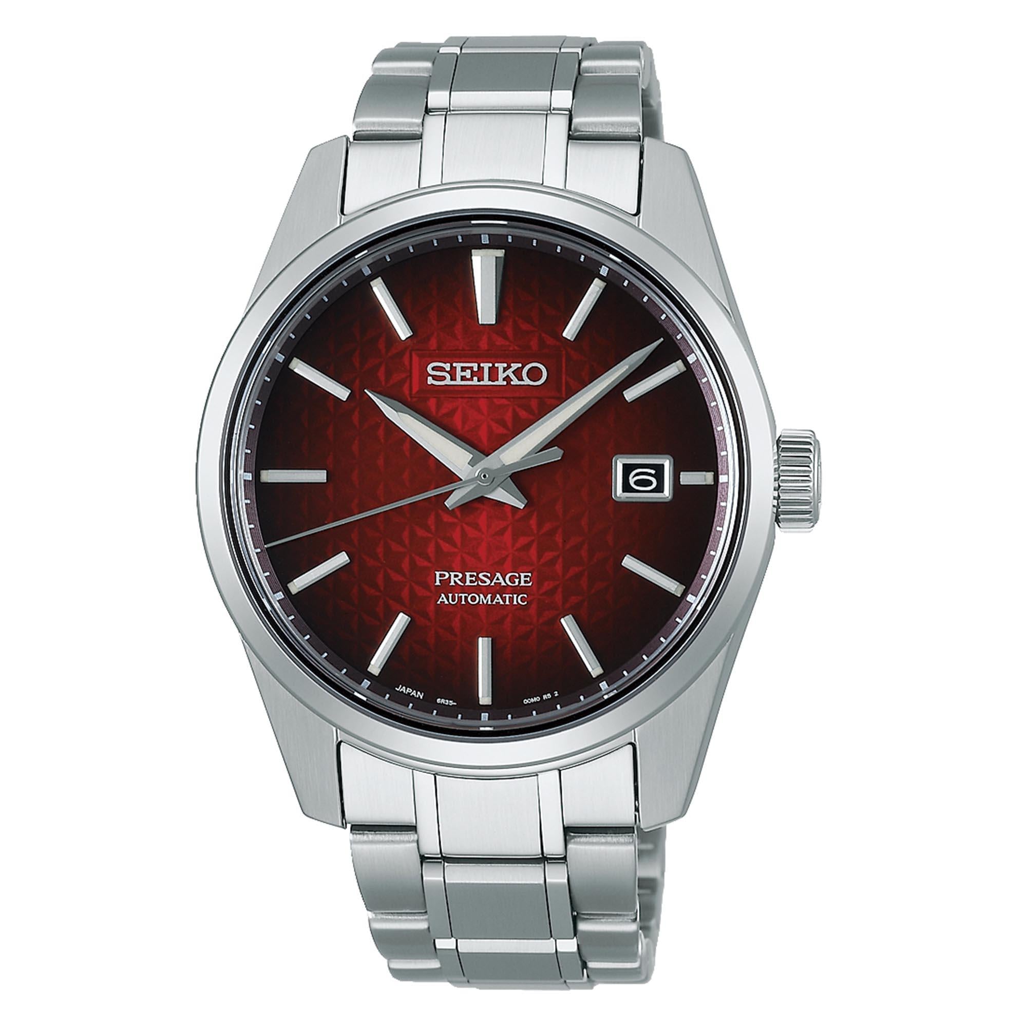 Seiko Presage Sharp Edge Serie Automatik Rotes Zifferblatt Silber Edelstahl Herrenarmbanduhr SPB227J1