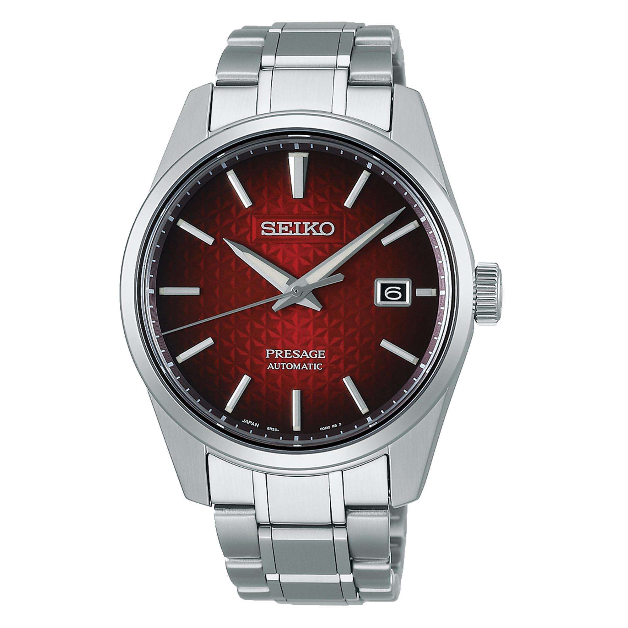 Seiko Presage Sharp Edge Serie Automatik Rotes Zifferblatt Silber Edelstahl Herrenarmbanduhr SPB227J1