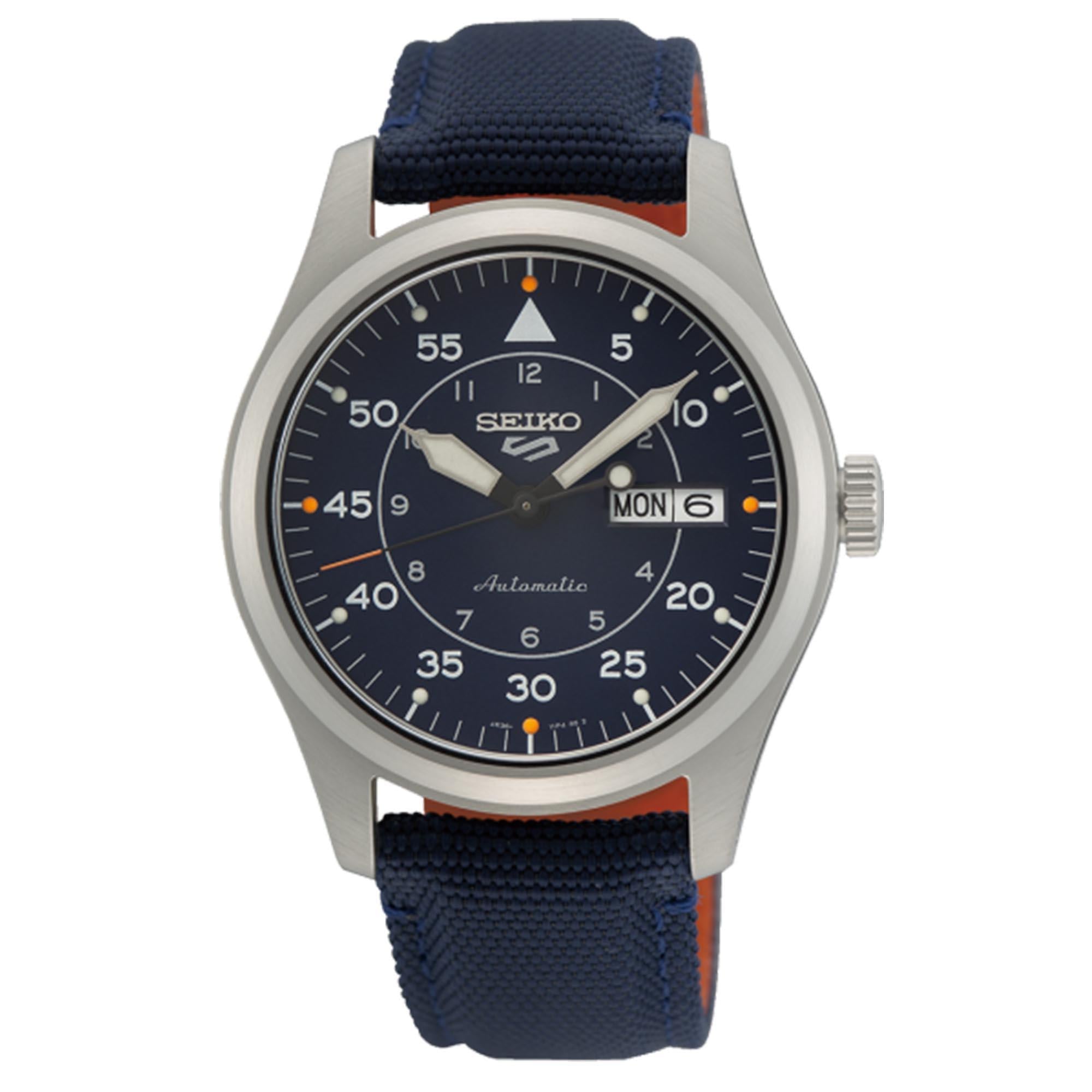 Seiko 5 Sports Flieger Pilot/Aviation Automatik Blaues Zifferblatt Blauer NATO-Armband Herren Uhr SRPH31K1