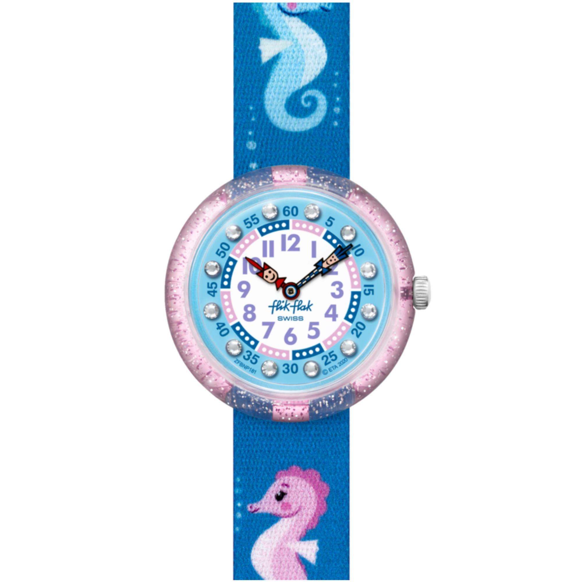 Flik Flak Cavalluccio Zweifarbiges Zifferblatt Blauer Textilarmband Kinderuhr FBNP181
