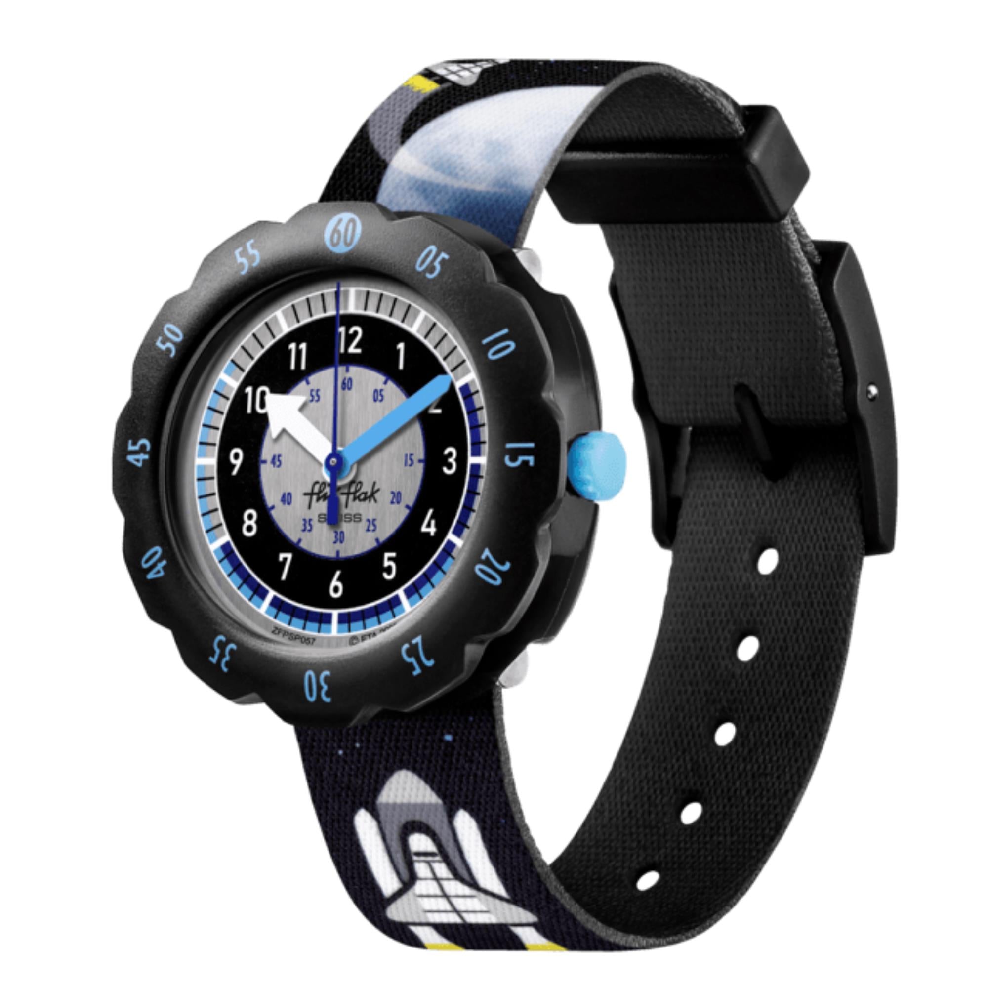 Flik Flak Moon and Back Zweifarbiges Zifferblatt Schwarzer Textilarmband Kinderuhr FPSP057