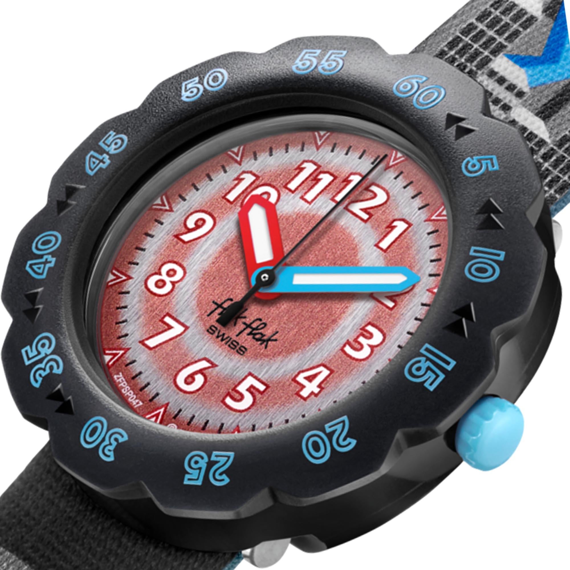 Flik Flak Colour Blast Quarz Blau Zifferblatt Blauer Textilarmband Kinderuhr FPNP043