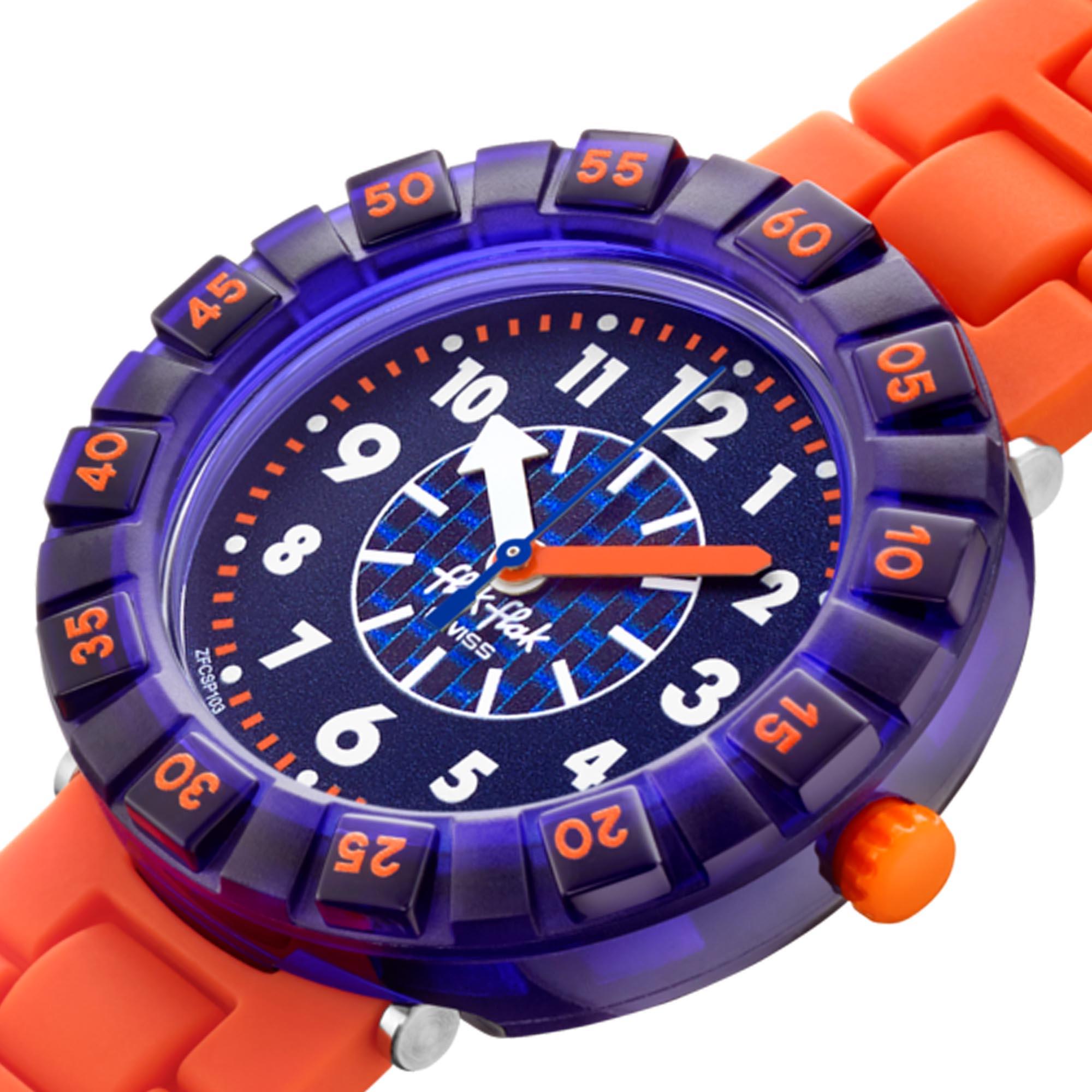 Flik Flak Orangebrick Quarz Blaues Zifferblatt Oranges Silikonarmband Kinderuhr FCSP103