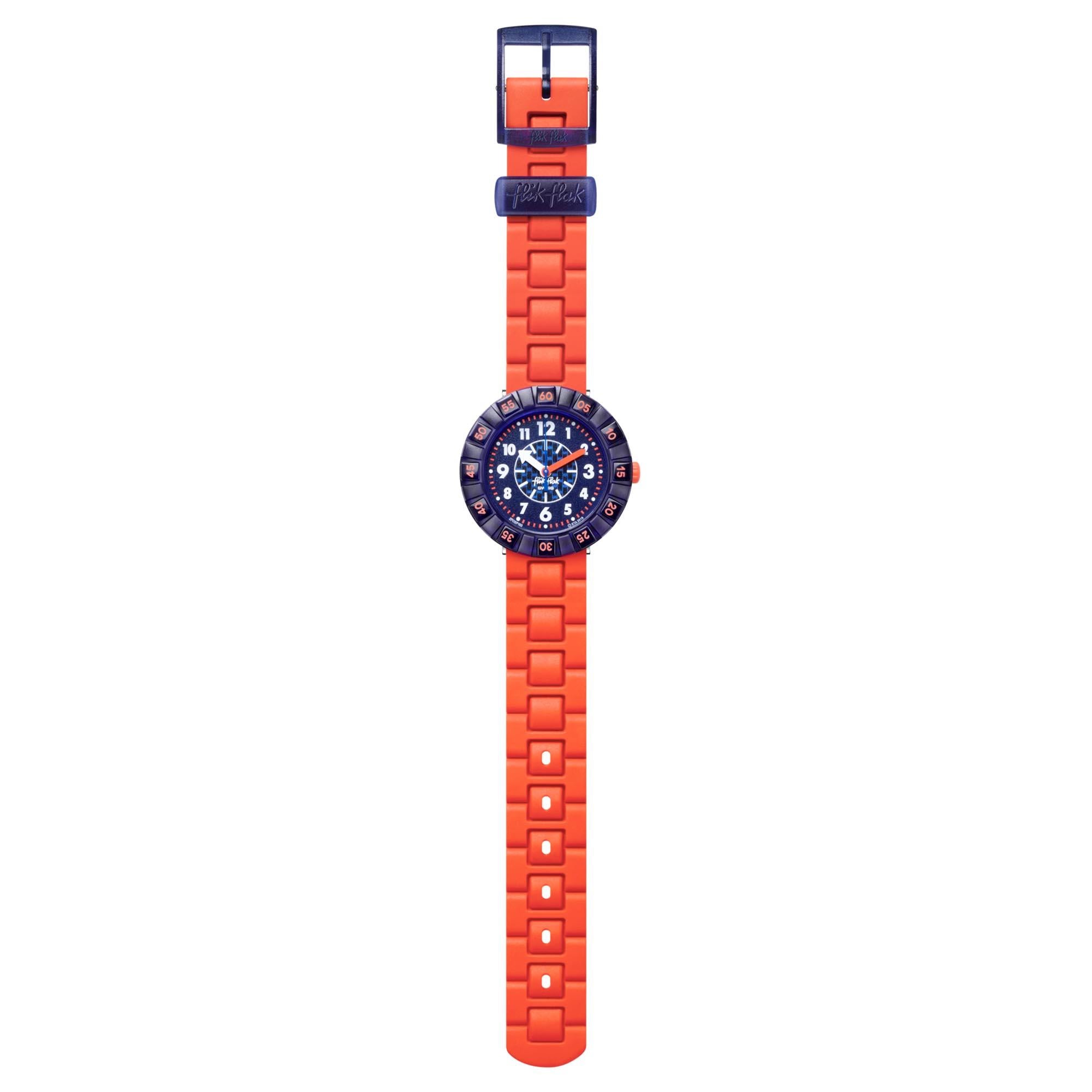 Flik Flak Orangebrick Quarz Blaues Zifferblatt Oranges Silikonarmband Kinderuhr FCSP103