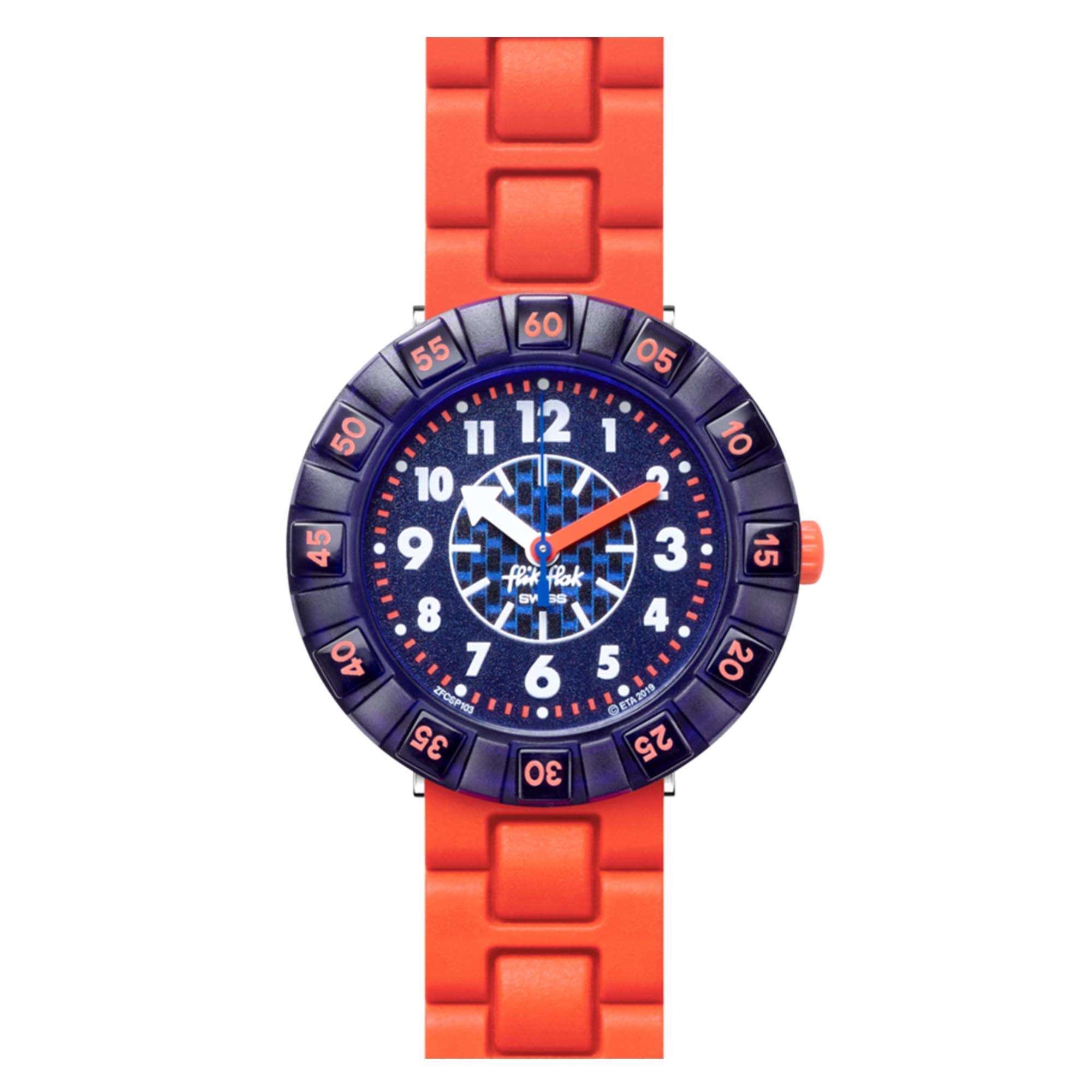 Flik Flak Orangebrick Quarz Blaues Zifferblatt Oranges Silikonarmband Kinderuhr FCSP103