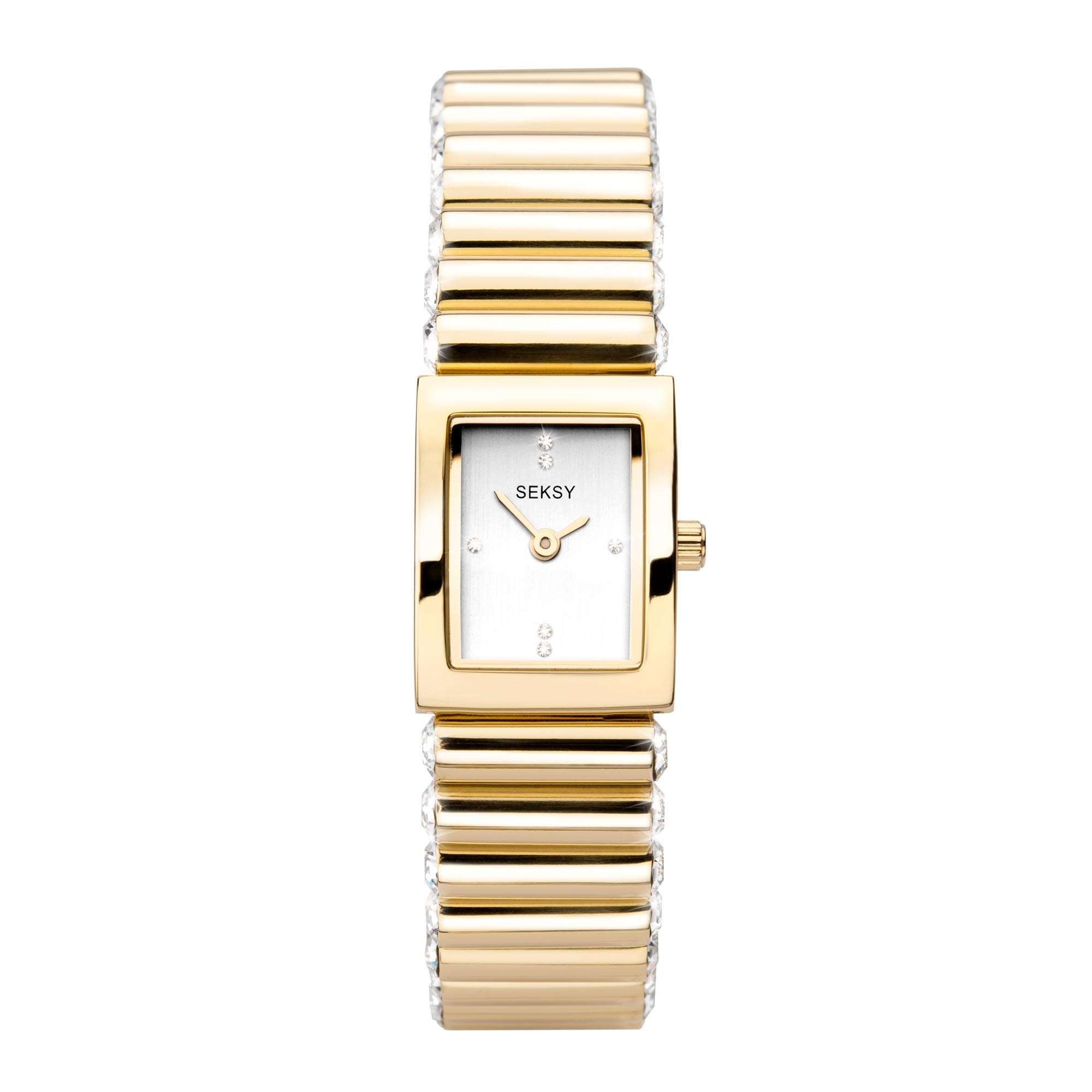 Seksy Edge Quartz Silbernes Zifferblatt Gold PVD Edelstahlarmband Damen Uhr 2866