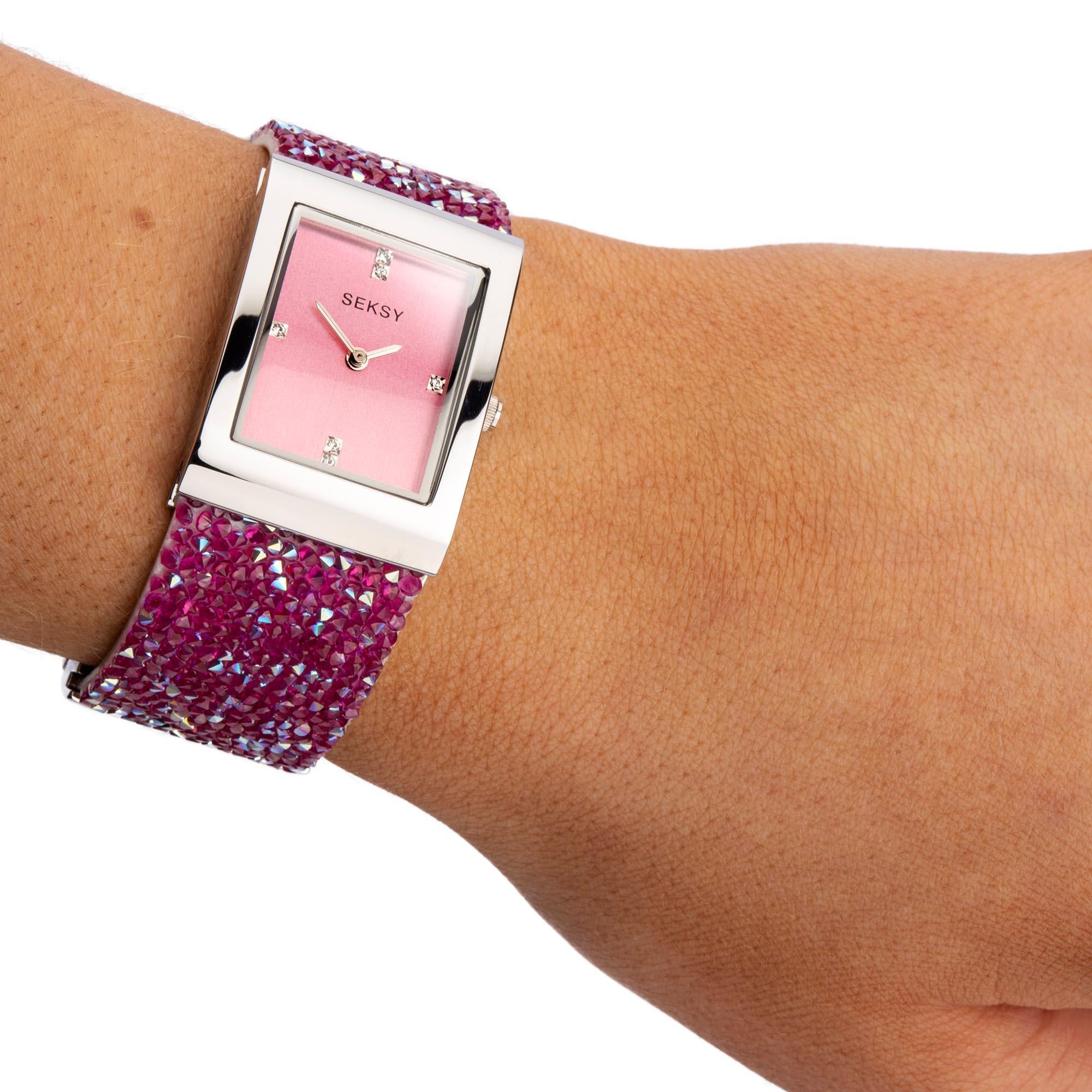 Seksy Dress Quarz Pinkes Zifferblatt Weißes Lederarmband Damen Uhr 2856