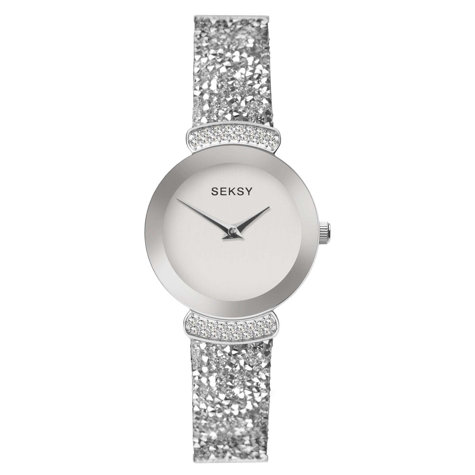 Seksy Rocks Quarz Silbernes Zifferblatt Silbernes Messing Armband Damen Uhr 2721