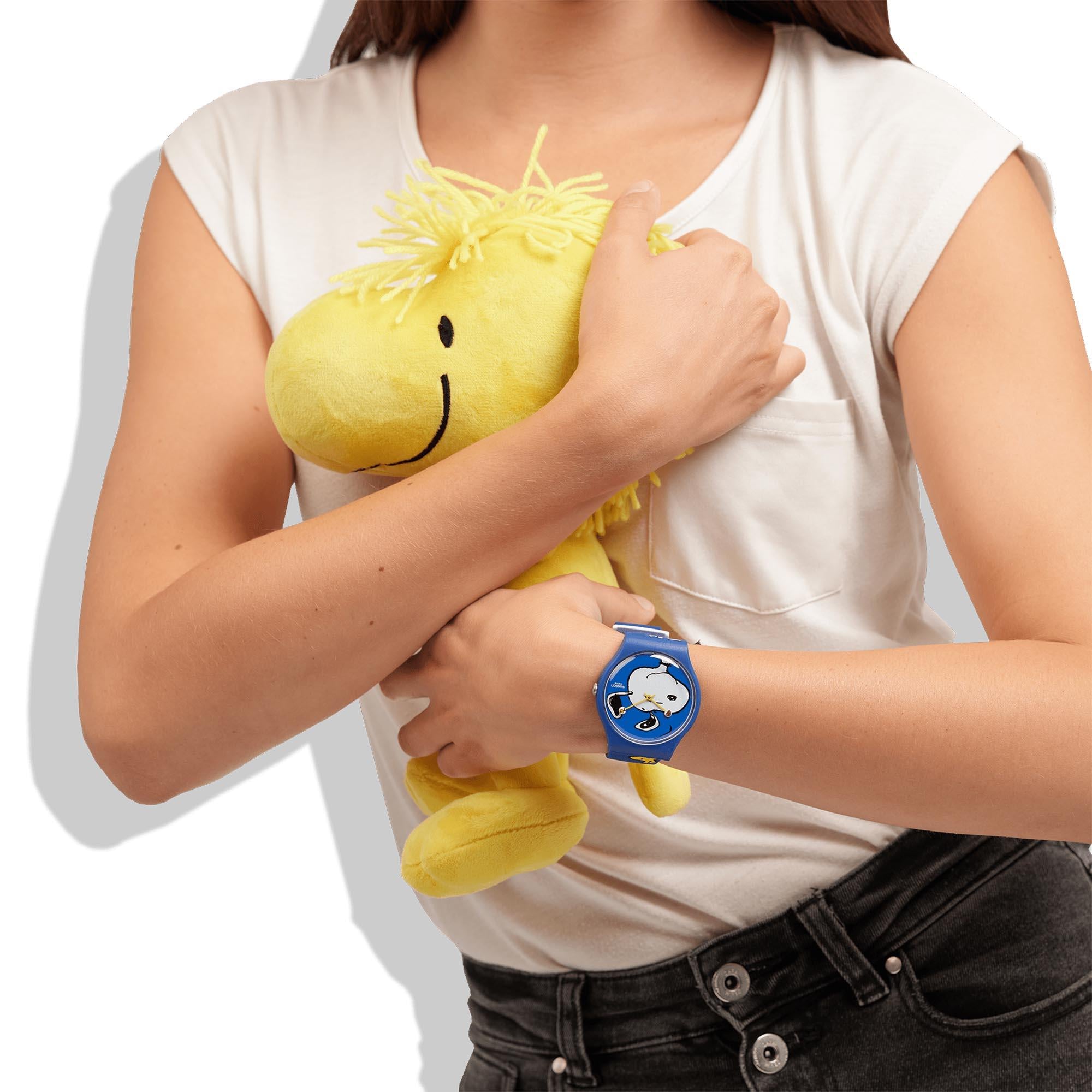 Swatch Peanuts Snoopy HEE HEE HEE Blaue Zifferblatt und Silikonarmband Uhr SO29Z106