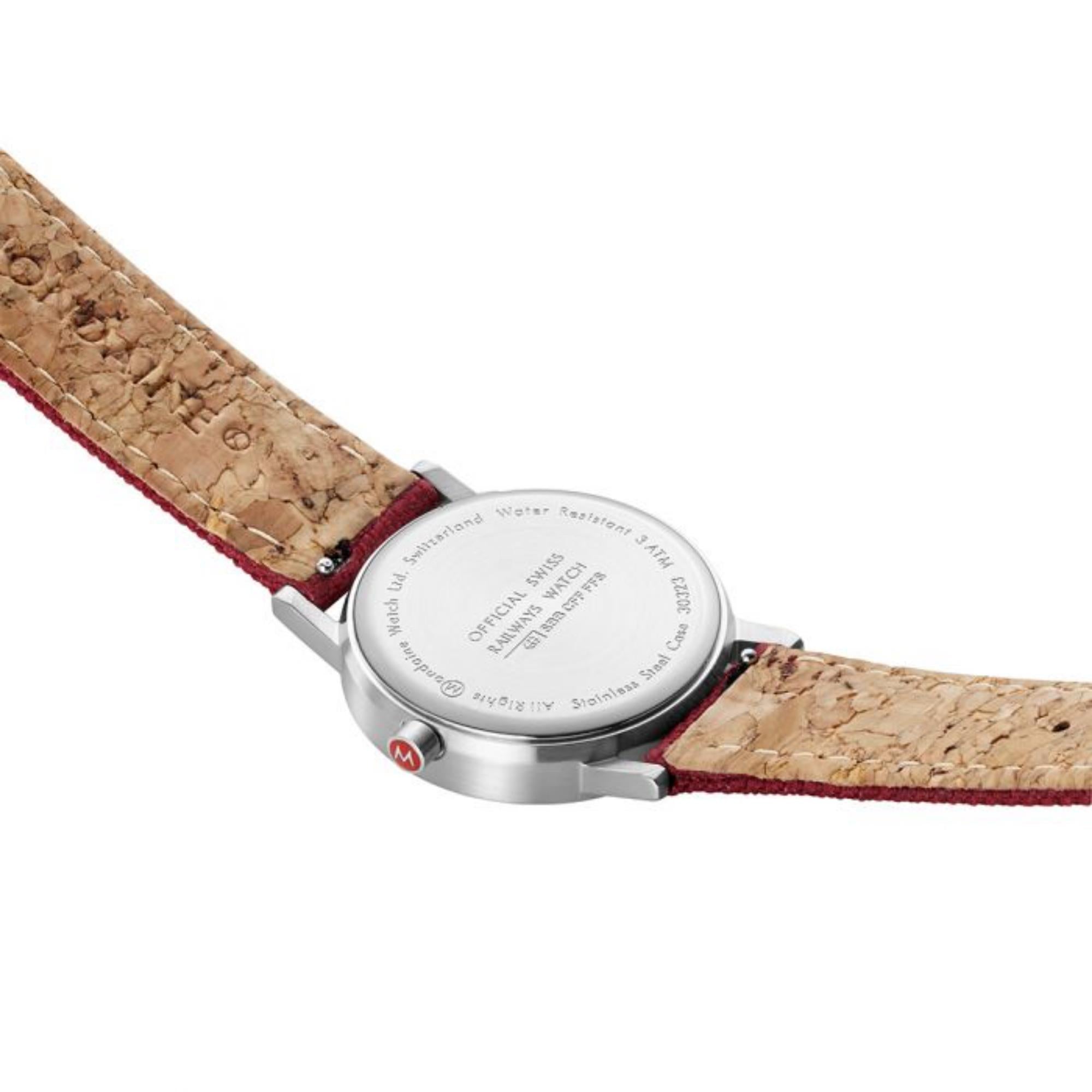 Mondaine Classic Quarz Weißes Zifferblatt Rotes Textil Armband Damen Uhr A658.30323.17SBC1