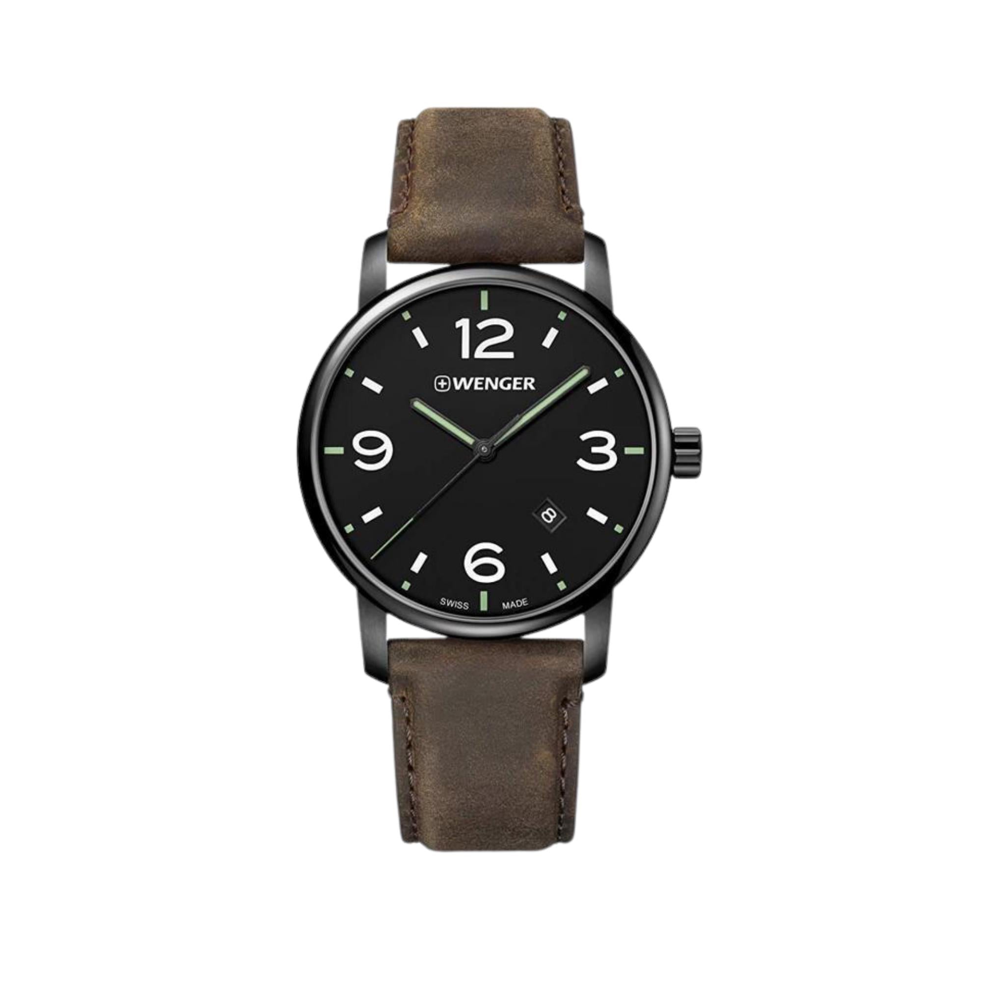 Wenger Urban Metropolitan Quarz Schwarzes Zifferblatt Braunes Lederarmband Herren Uhr 01.1741.121