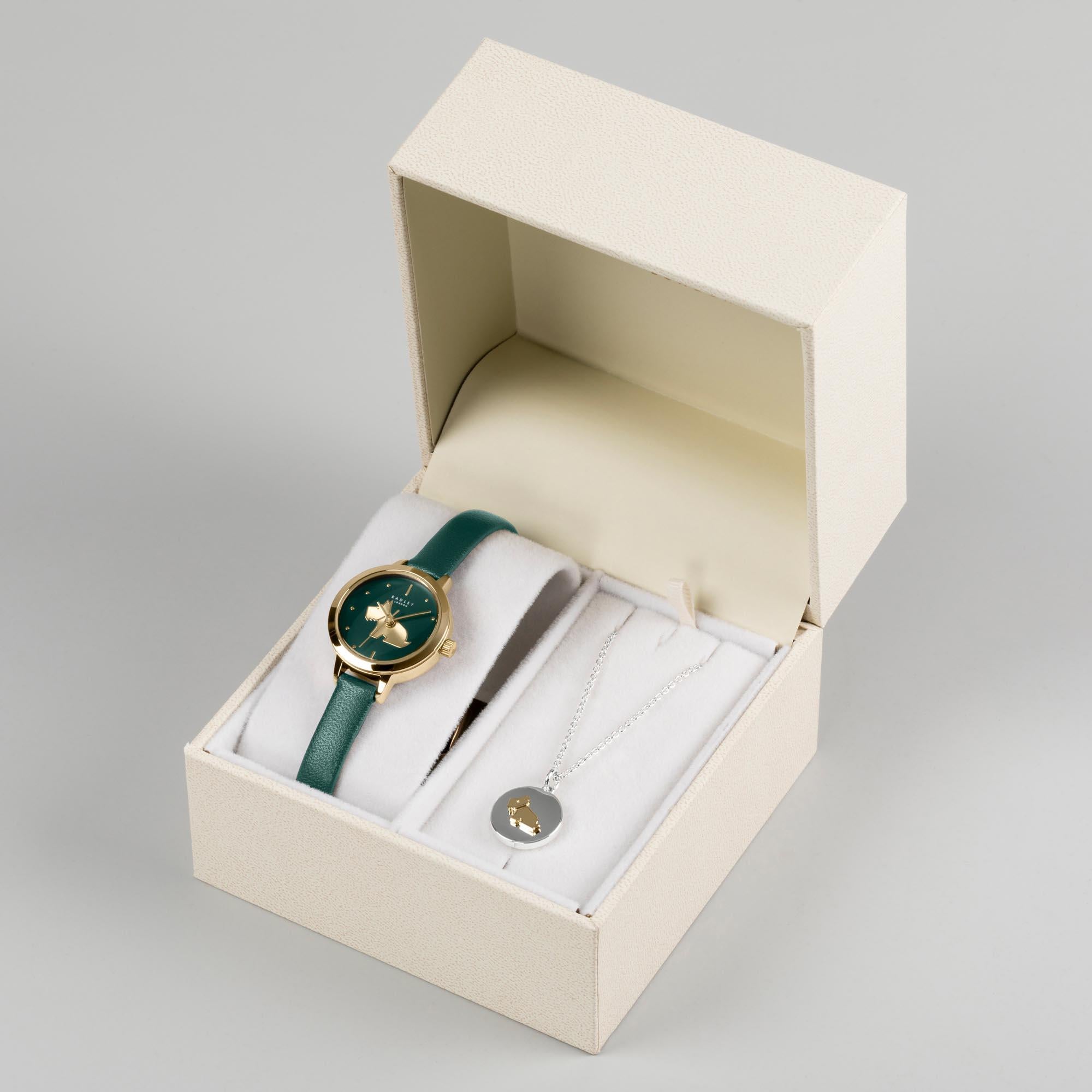 Radley Quarz Grüne Zifferblatt Lederarmband Damen Uhr Halskette Set RY21308A-SET