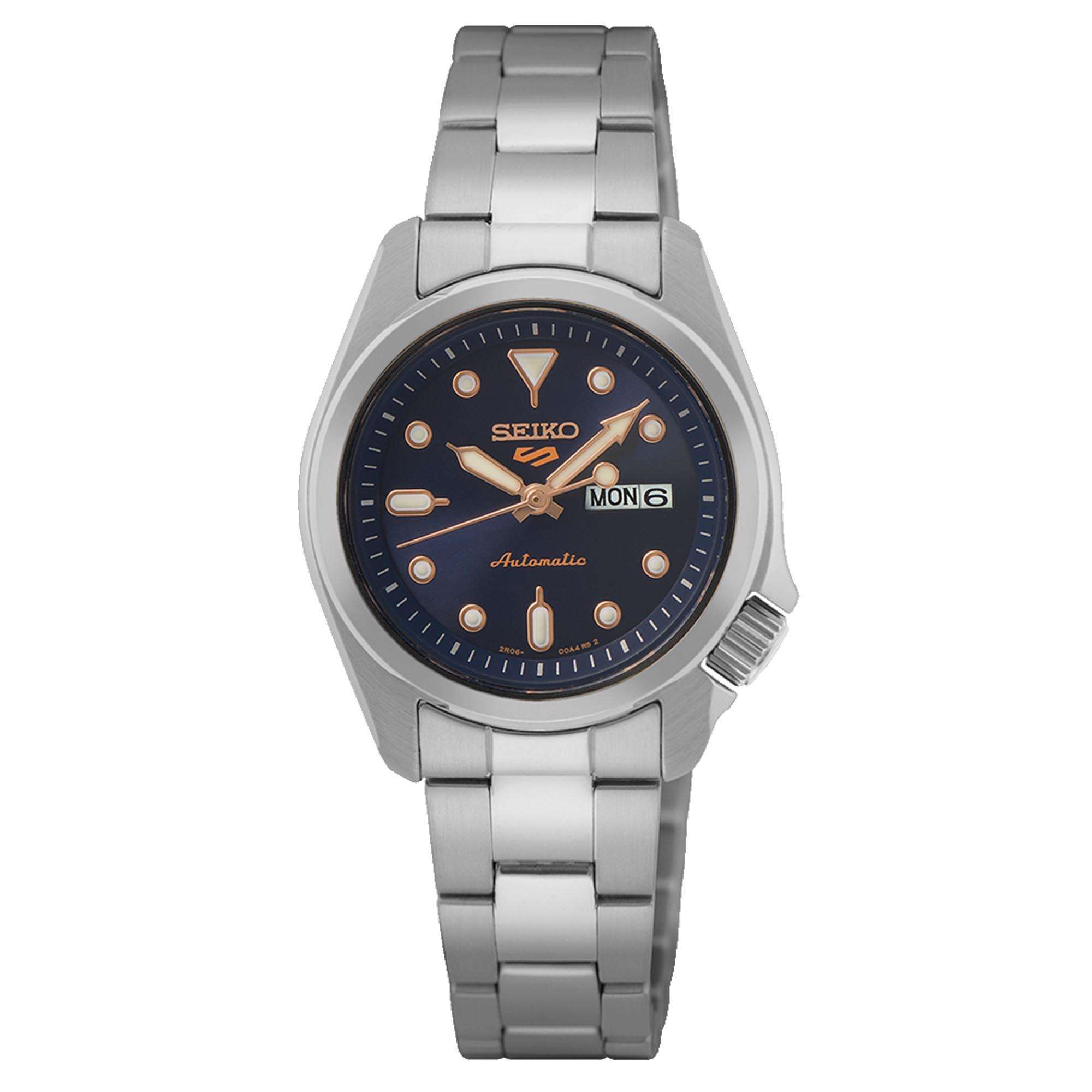 Seiko 5 Sports Kompakt Automatik Blaues Zifferblatt Edelstahlarmband Damen Uhr SRE003K1
