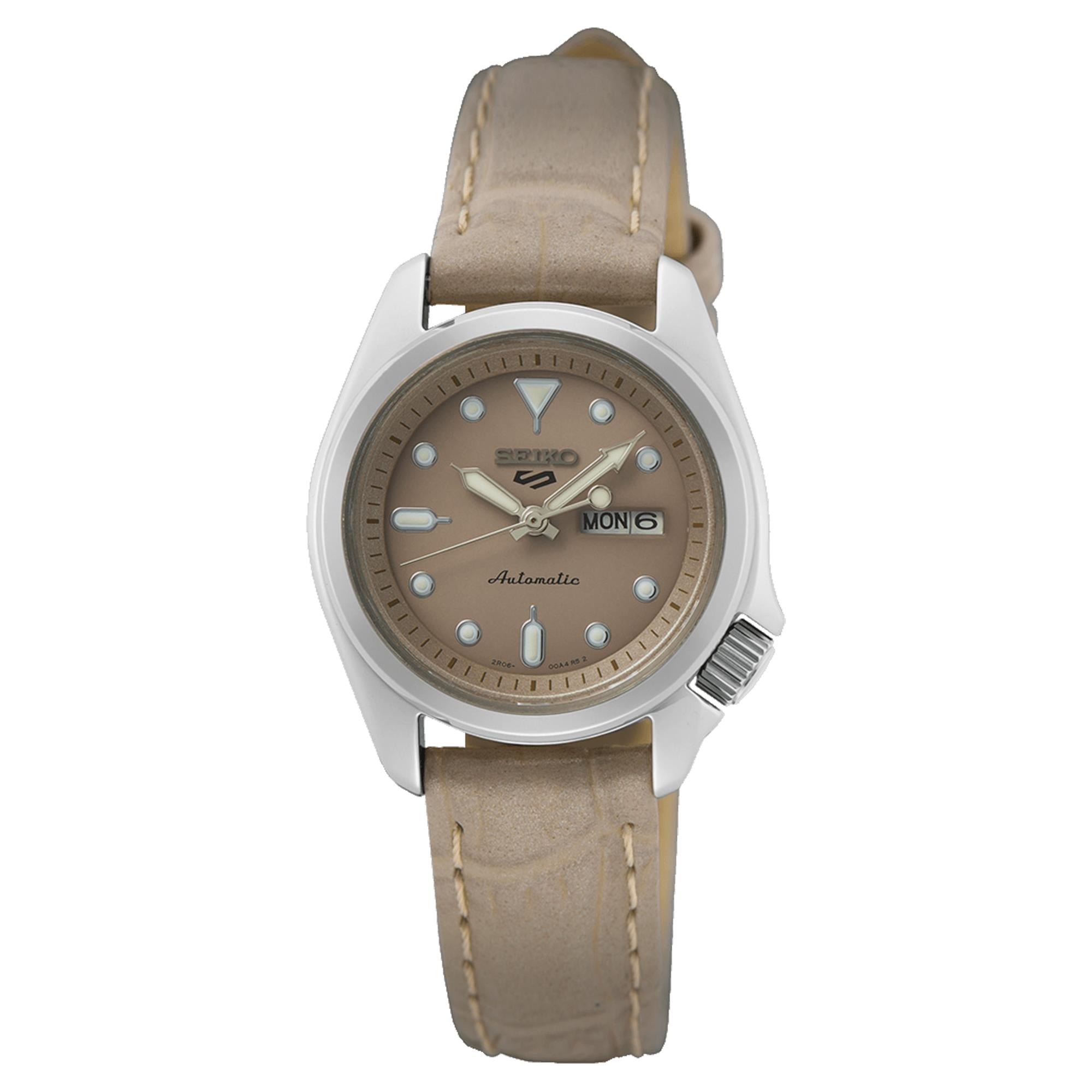 Seiko 5 Sports Automatik Braunes Zifferblatt Lederarmband Damen Uhr SRE005K1