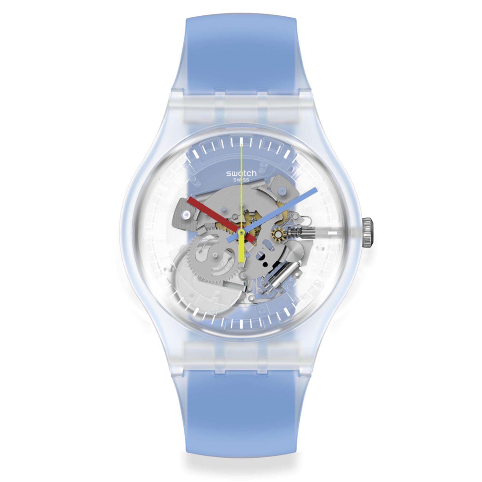 Swatch Clearly Blue Striped Quarz Transparentes Zifferblatt Blaues Silikonarmband Uhr SUOK156