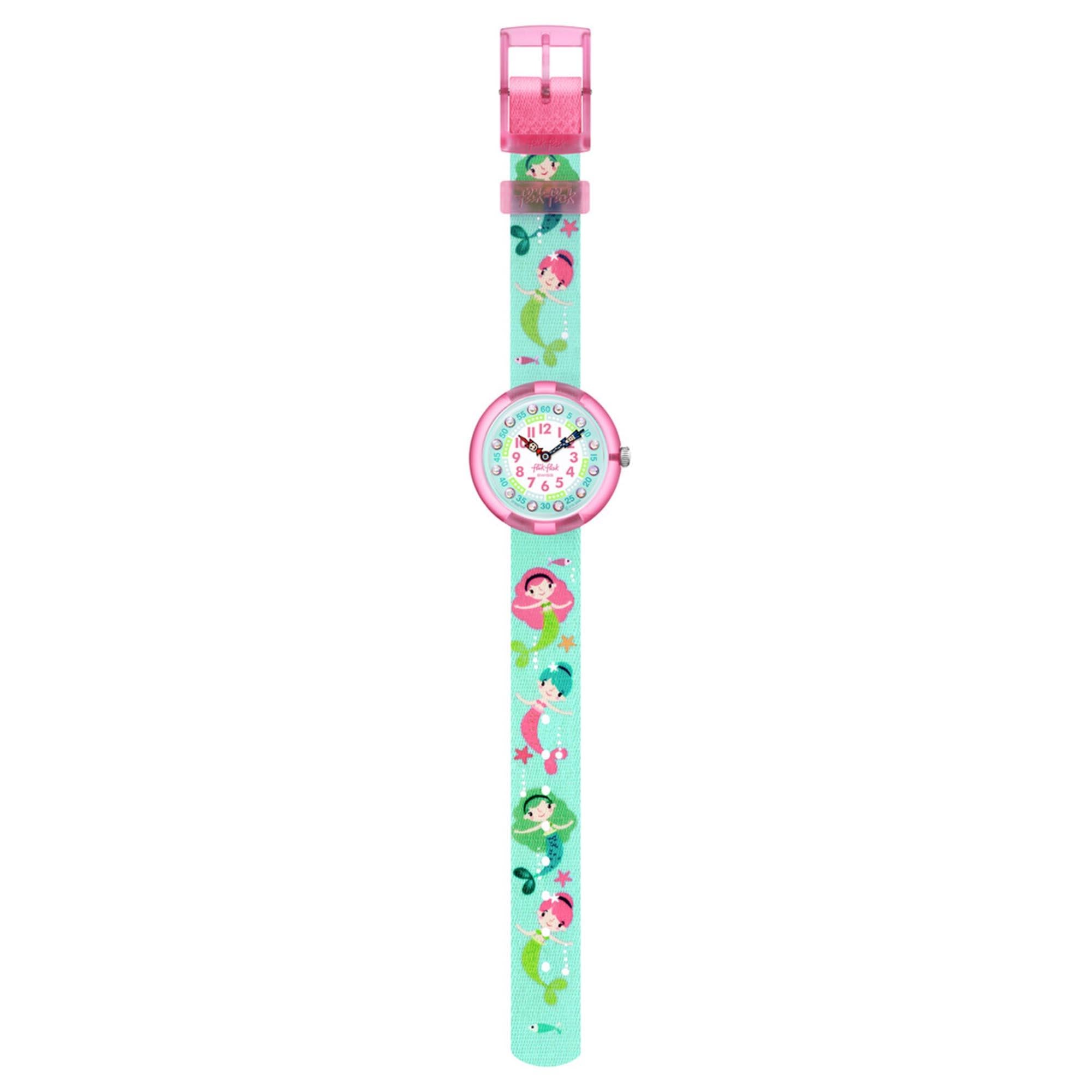 Flik Flak Mermailicious Quarz Blaues Zifferblatt Blaues Stoffarmband Kinder FBNP179
