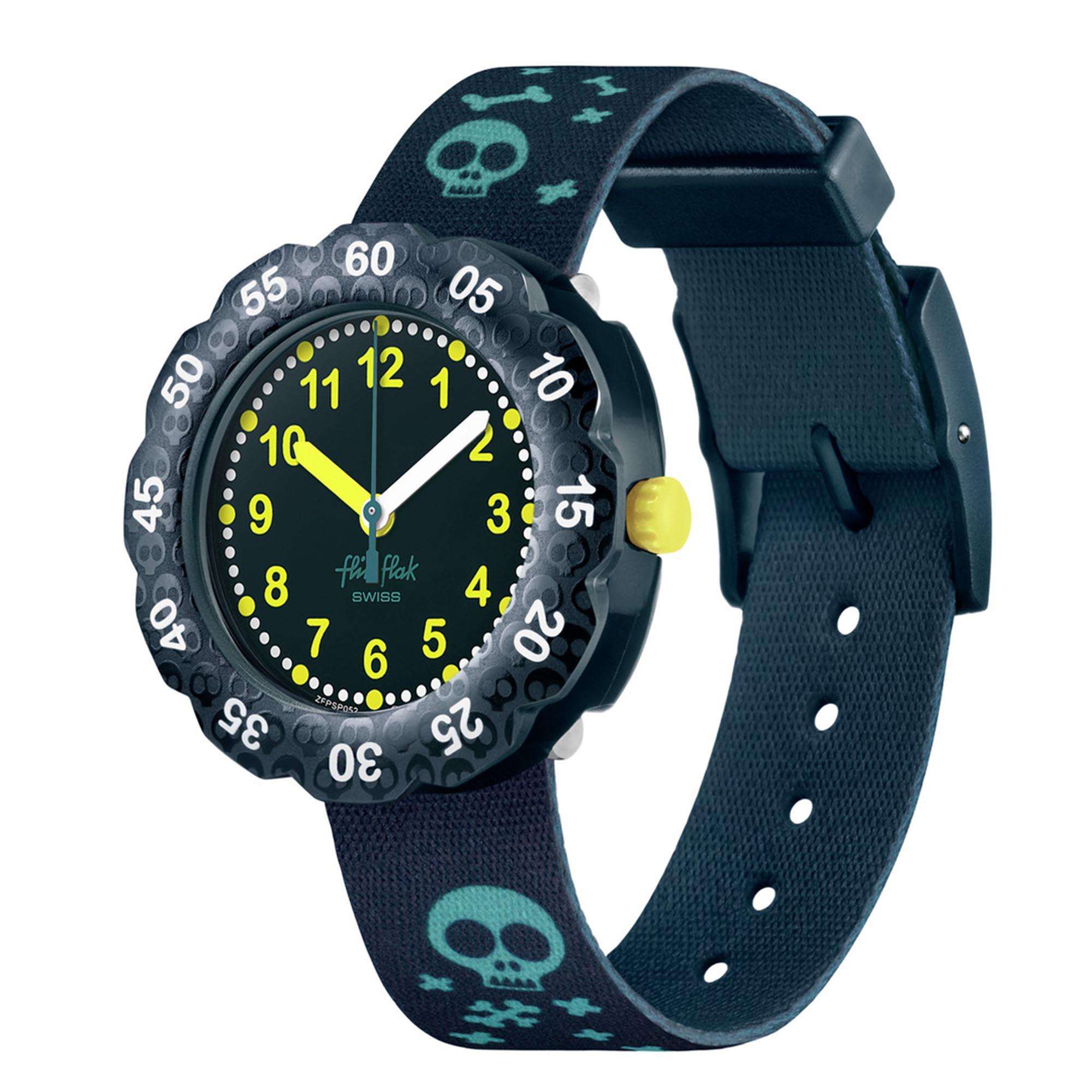 Flik Flak Skeleticious Quarz Grünes Zifferblatt Grünes Recyceltes PET Armband Kinder Uhr FPSP052