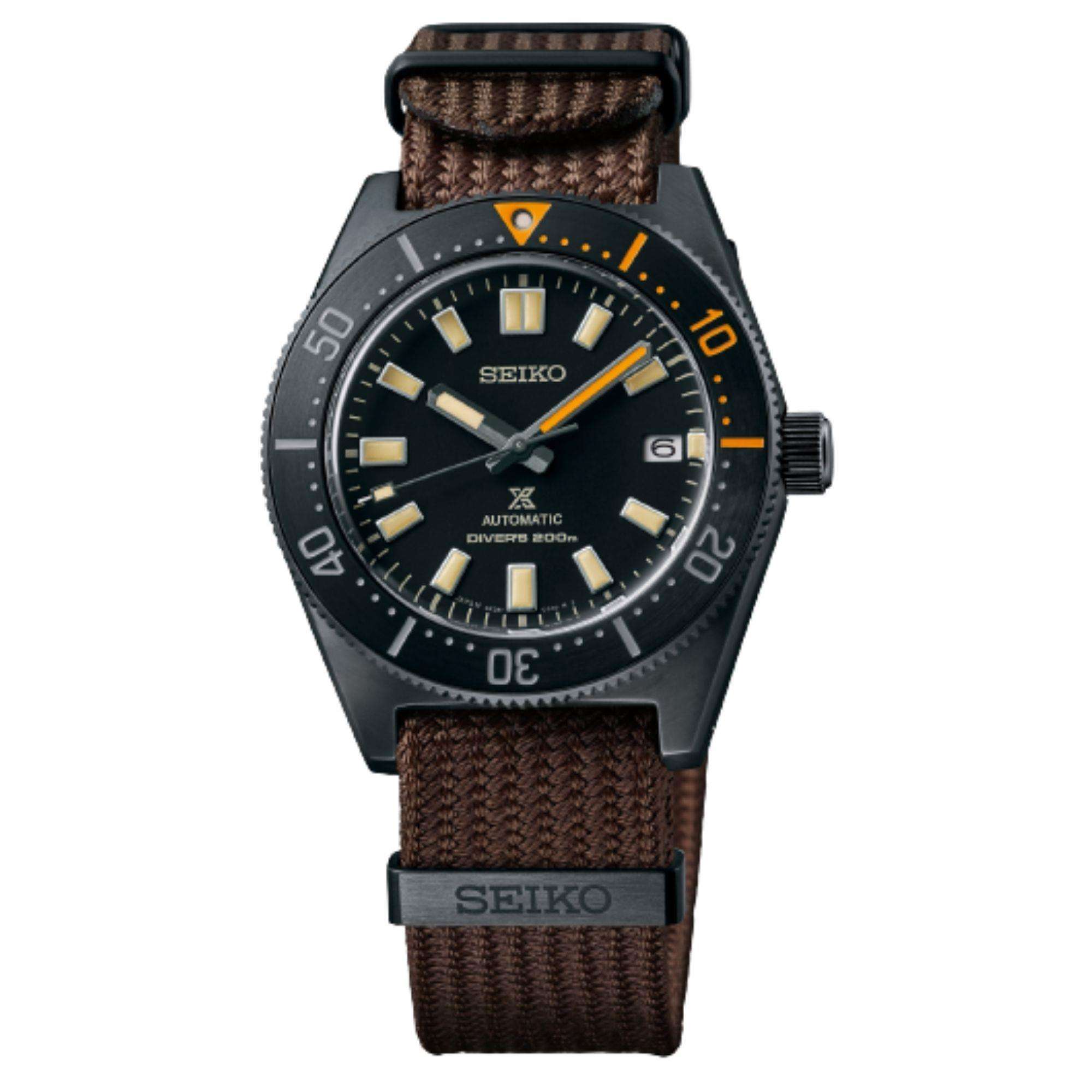 Seiko Prospex Black Series Heritage Collection 1965 Recreation Limited Edition Automatik Schwarzes Zifferblatt Braunes Textilarmband Herren Uhr SPB253J1