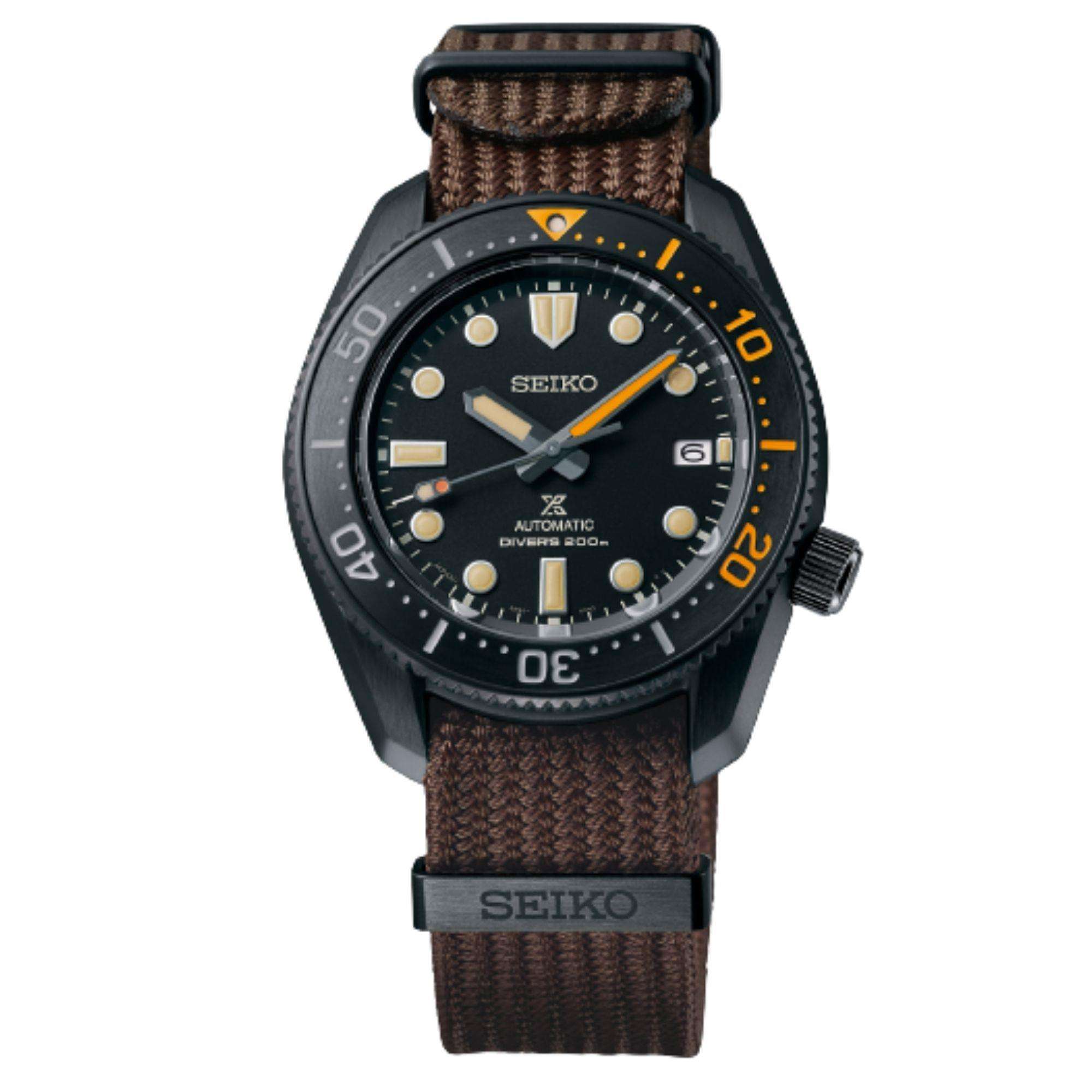 Seiko Prospex Schwarze Serie Heritage Kollektion 1968 Nachbildung Automatik Schwarzes Zifferblatt Braunes Textilarmband Herren Uhr SPB255J1