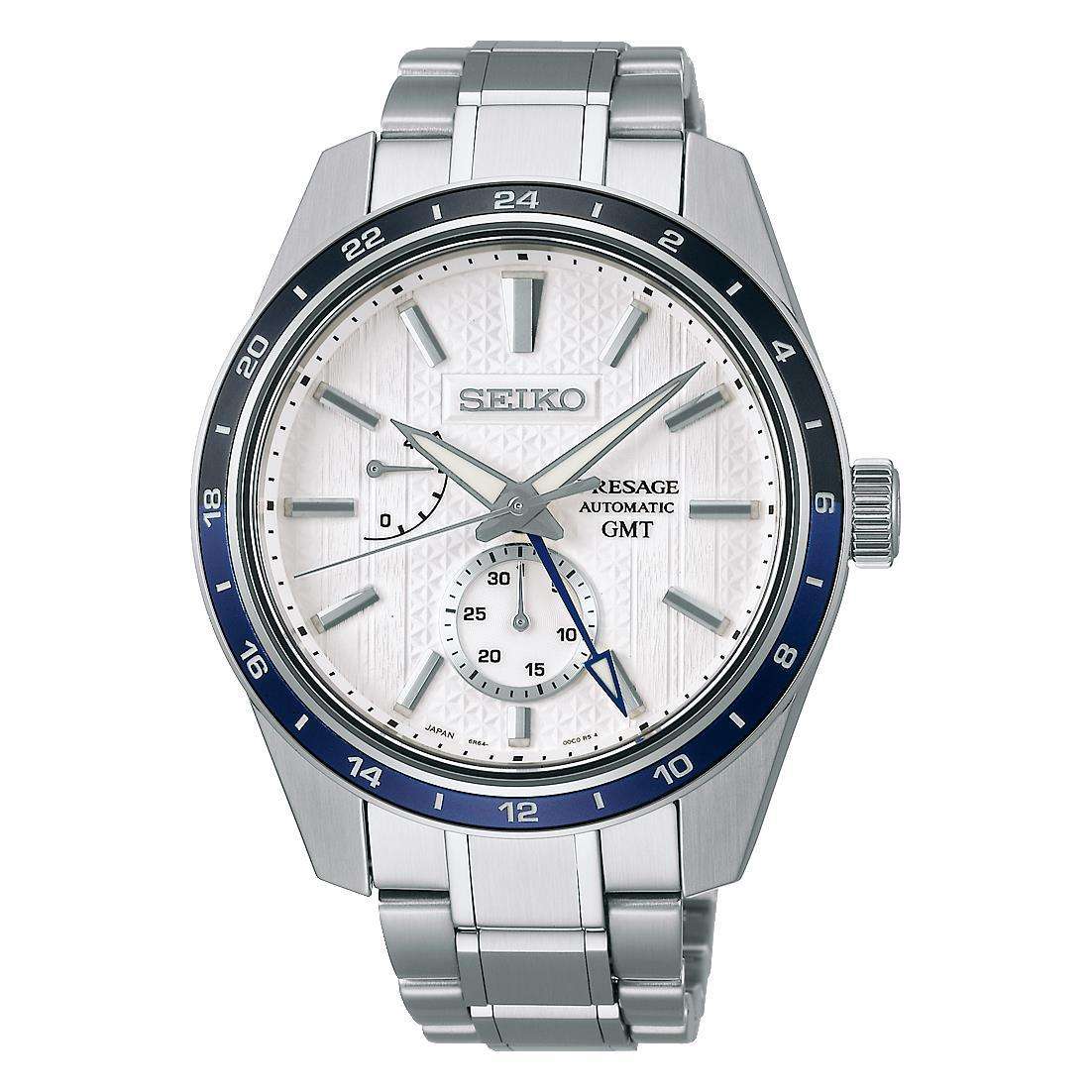 Seiko Presage Sharp Edged Series GMT Zero Halliburton Automatik Weißes Zifferblatt Edelstahlarmband Herren Uhr SPB269J1