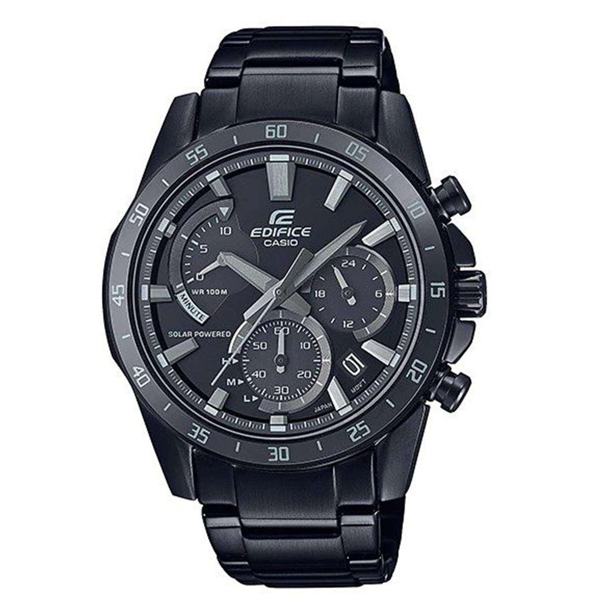 Casio Edifice Solar Quarz Schwarzes Zifferblatt Schwarzes Edelstahlarmband Herren Uhr EQS-930MDC-1AVUEF