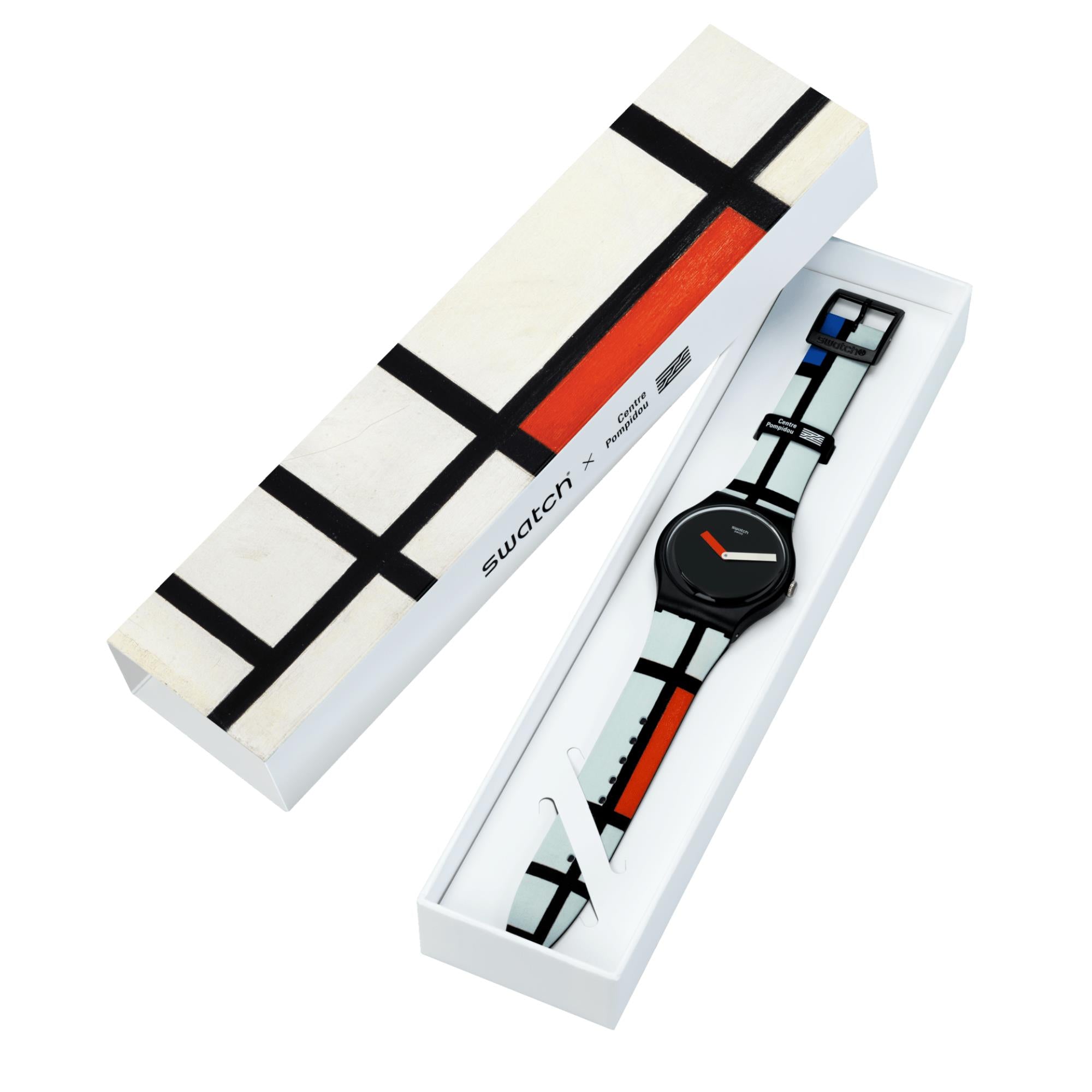 Original Pompidou Rot, Blau und Weiß von Piet Mondrian Quarz Uhr SUOZ344