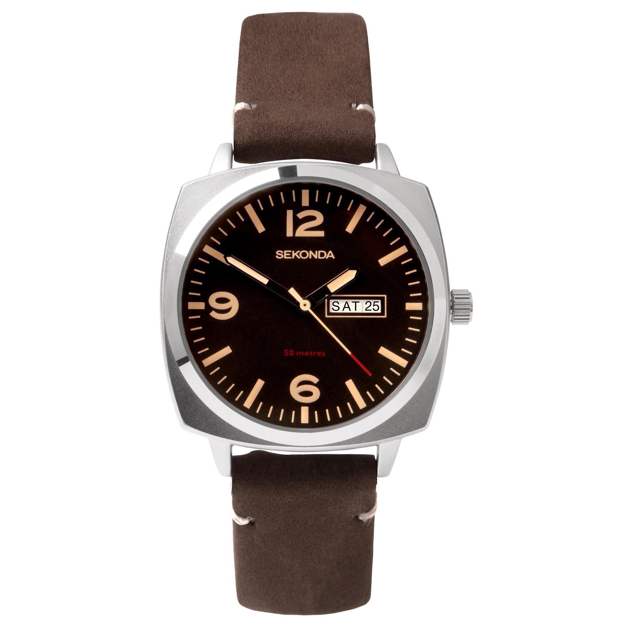 Sekonda Airborne Quarz Schwarze Zifferblatt Brauner Armband Herren Uhr 1988