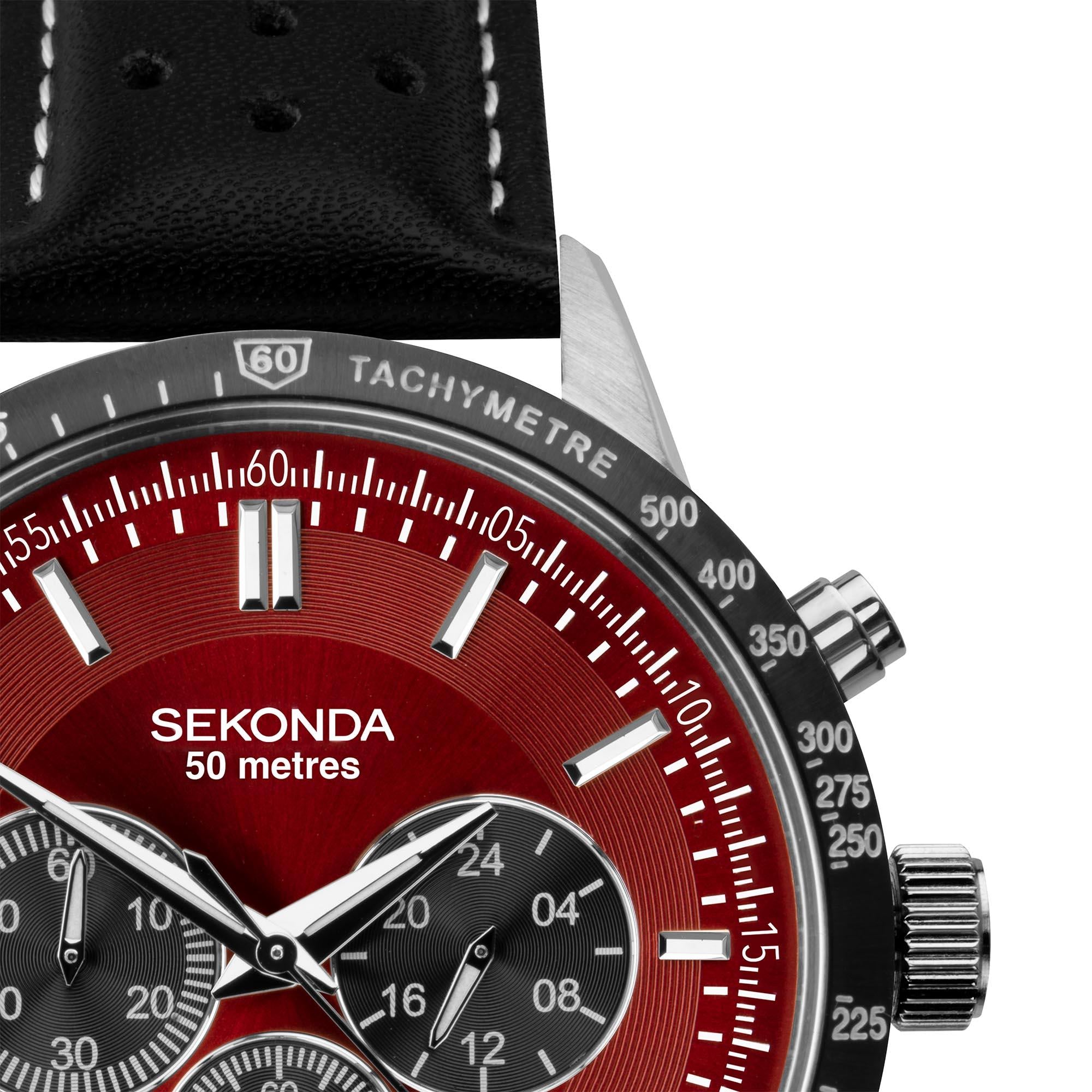 Sekonda Chronograph Quarz Rotes Zifferblatt Schwarzes Lederarmband Herren Uhr 1938