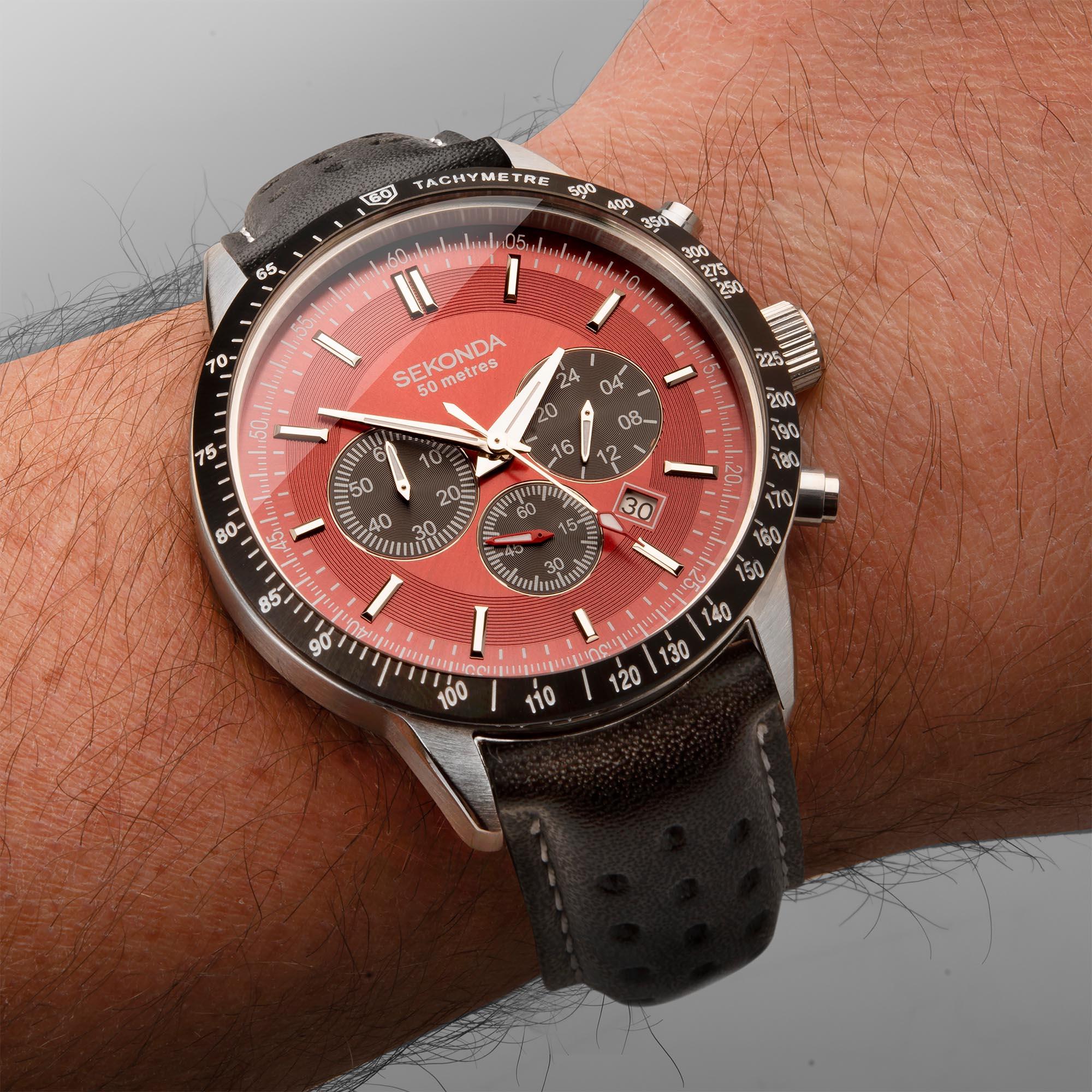 Sekonda Chronograph Quarz Rotes Zifferblatt Schwarzes Lederarmband Herren Uhr 1938