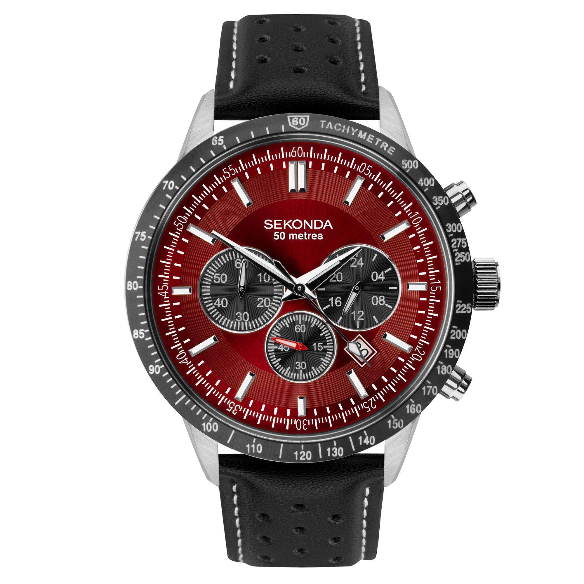 Sekonda Chronograph Quarz Rotes Zifferblatt Schwarzes Lederarmband Herren Uhr 1938