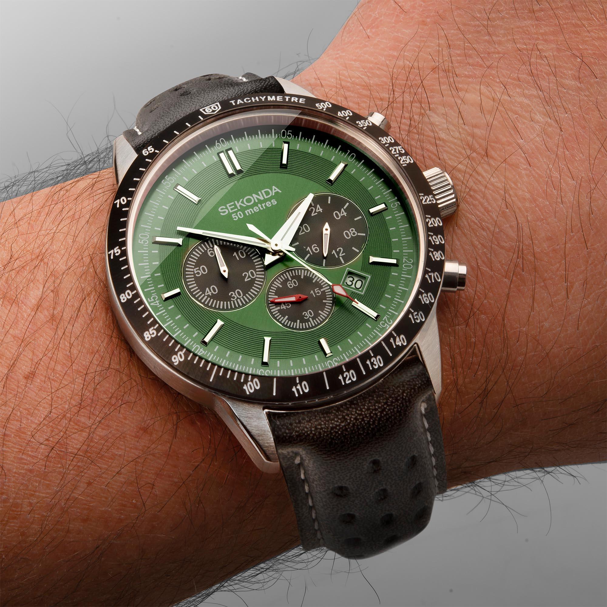 Sekonda Chronograph Quarz Grünes Zifferblatt Schwarzes Lederarmband Herren Uhr 1937