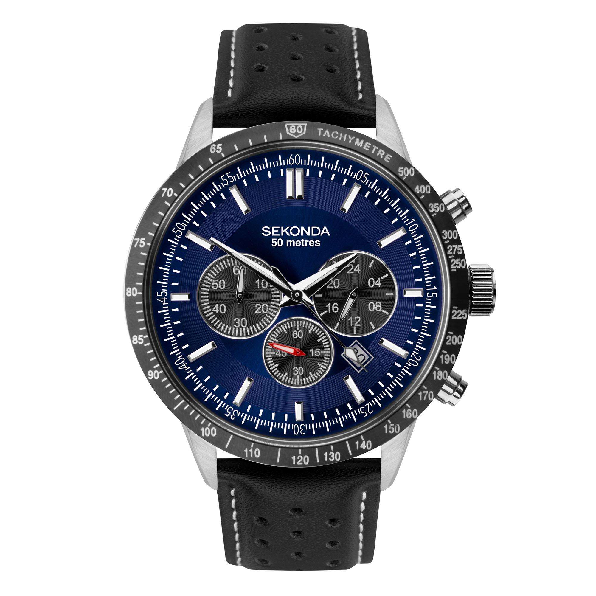 Sekonda Chronograph Quarz Blauer Zifferblatt Schwarzer Armband Herren Uhr 1971