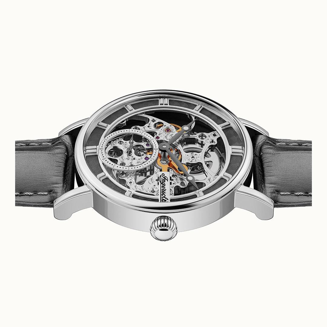 Ingersoll The Herald Automatik Graues Lederarmband Silbernes Zifferblatt Herren Uhr I00402B