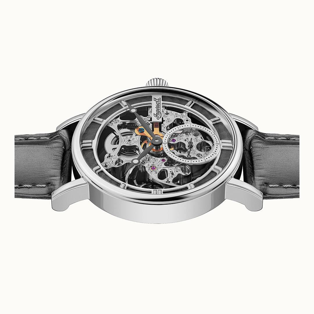 Ingersoll The Herald Automatik Graues Lederarmband Silbernes Zifferblatt Herren Uhr I00402B