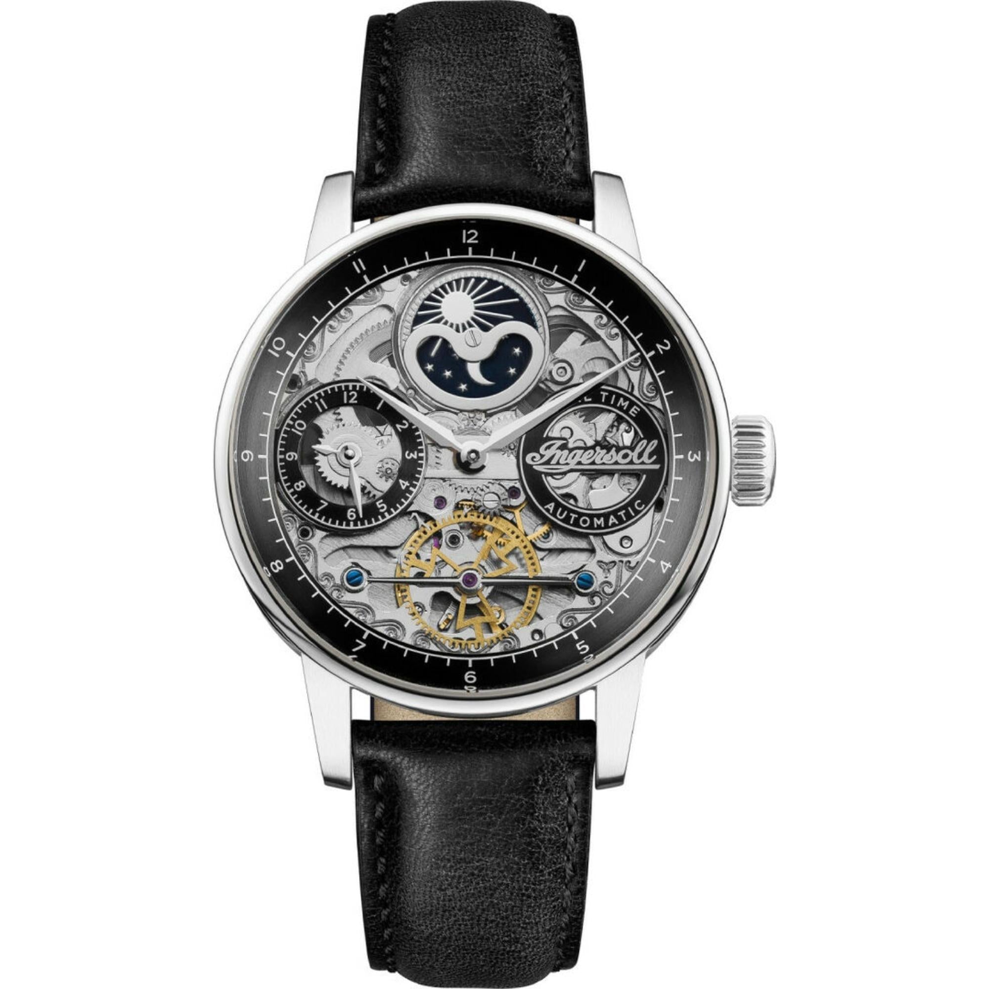 Ingersoll The Jazz Automatik Schwarzes Zifferblatt Schwarzes Lederarmband Herren Uhr I07701
