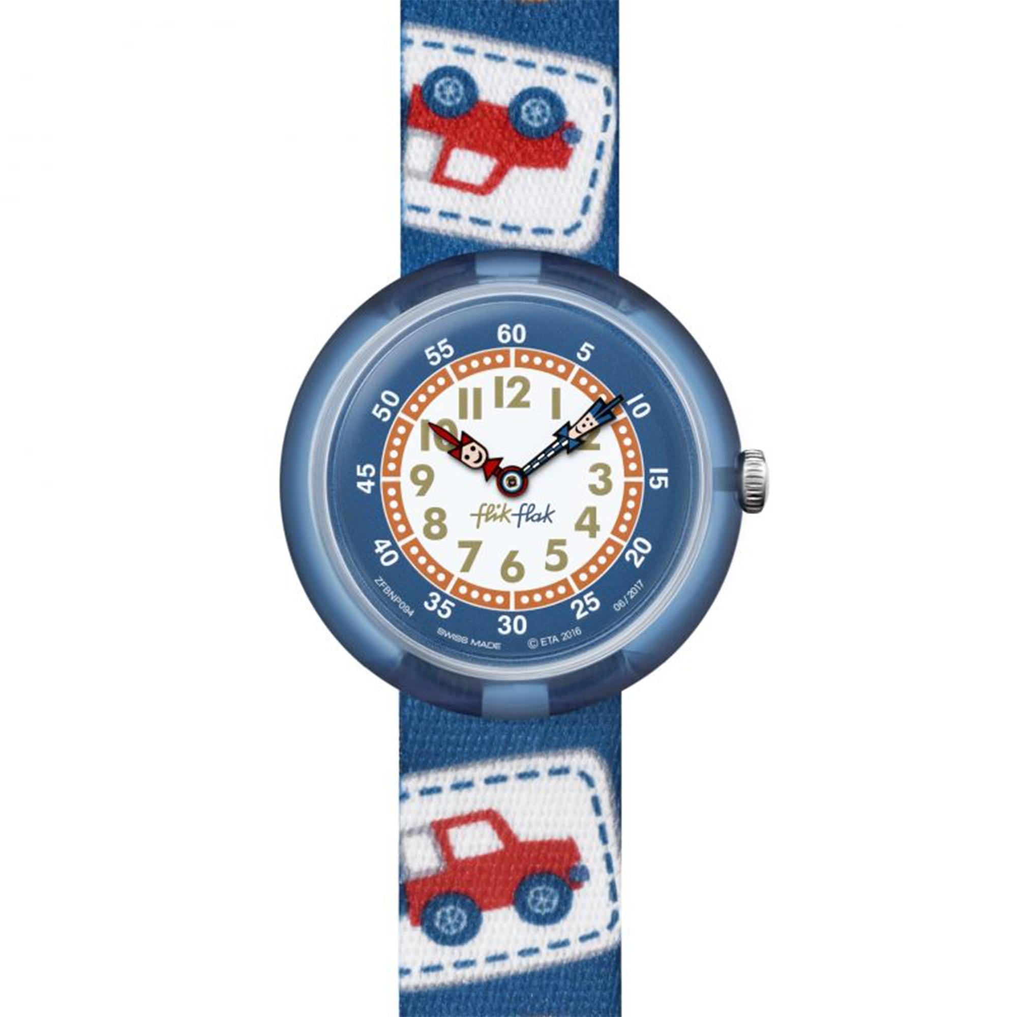Flik Flak Camping Badge Quarzwerk Mehrfarbiges Zifferblatt Textilarmband Kinderuhr FBNP094