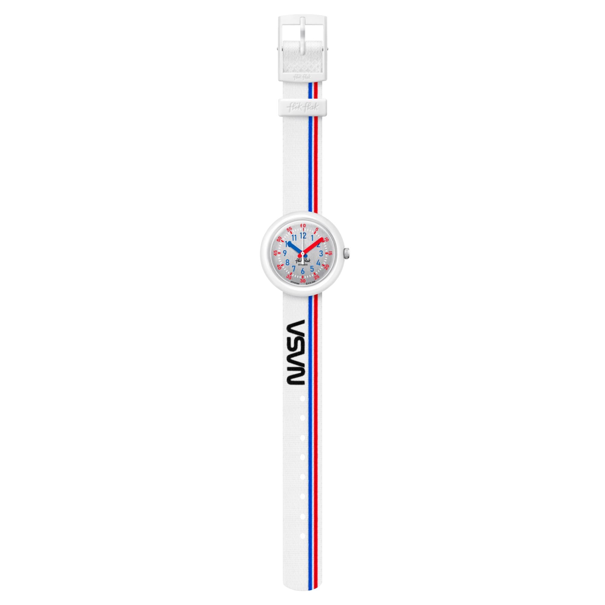 Flik Flak 3-2-1 Liftoff! Quarz Silbernes Zifferblatt Weißes Recyceltes PET Armband Kinder Uhr FPNP094