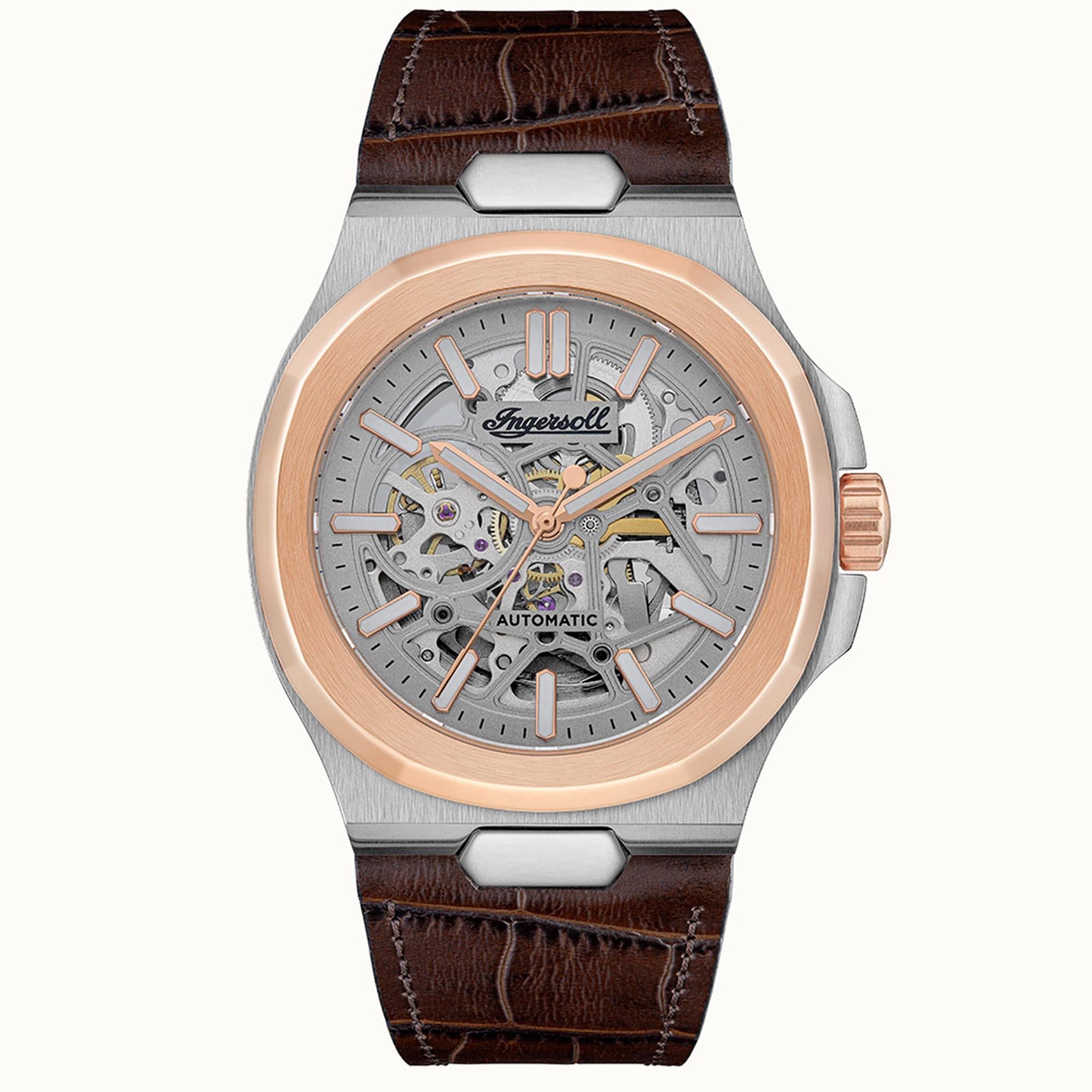 Ingersoll The Catalina Automatik Silbernes Zifferblatt Braunes Lederarmband Herren Uhr I12503