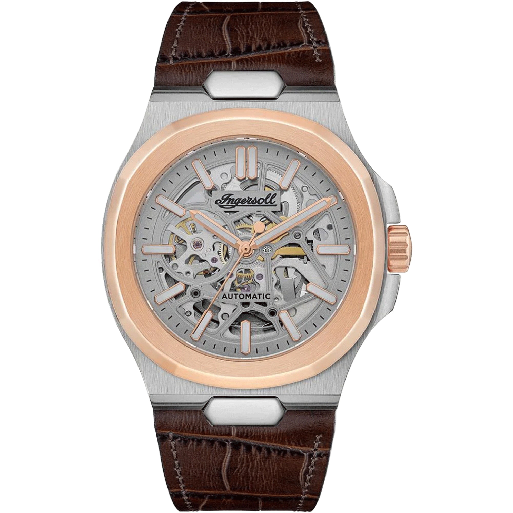 Ingersoll The Catalina Automatik Silbernes Zifferblatt Braunes Lederarmband Herren Uhr I12503