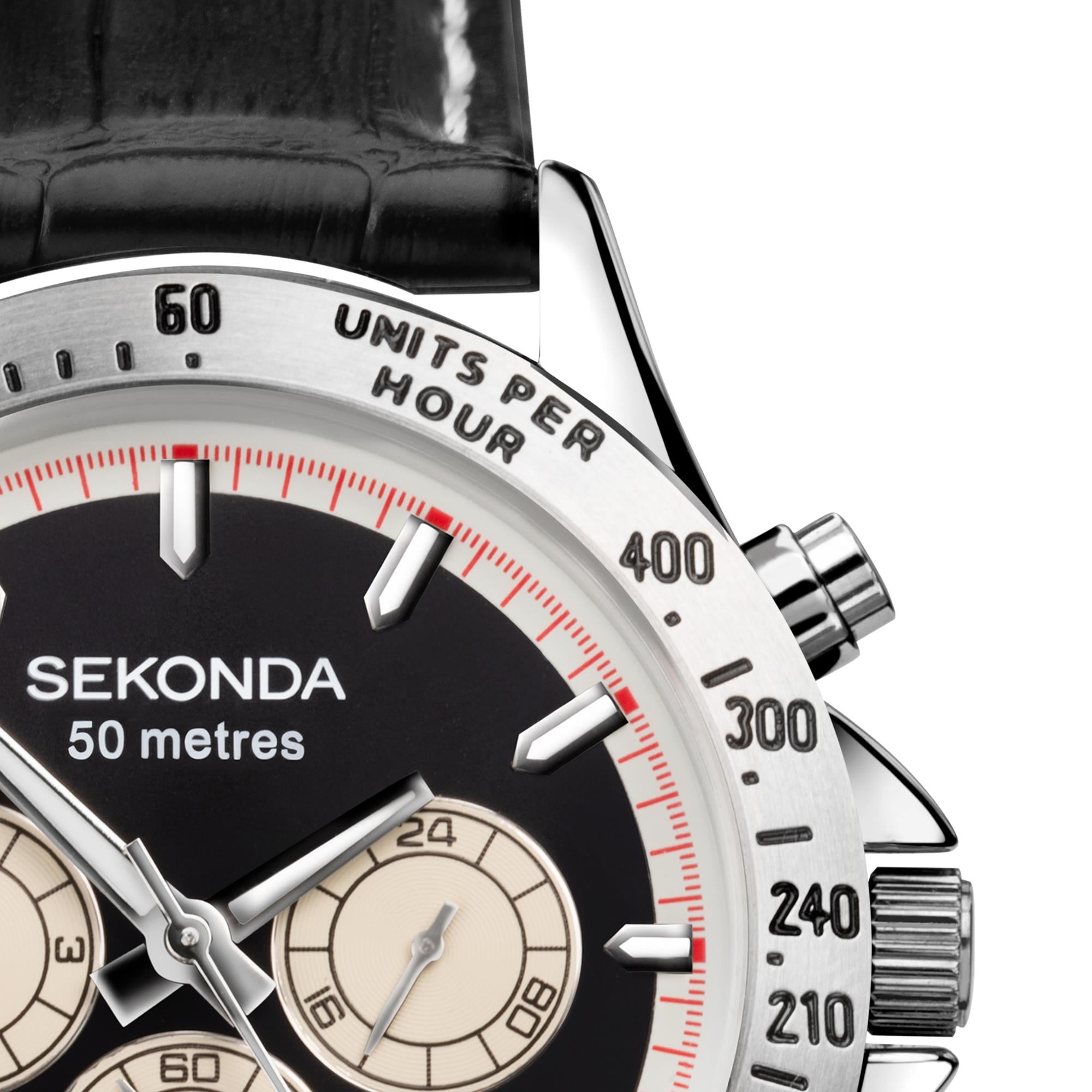 Sekonda Chronograph Quartz Schwarzes Zifferblatt Schwarzes Lederarmband Herren Uhr 1721
