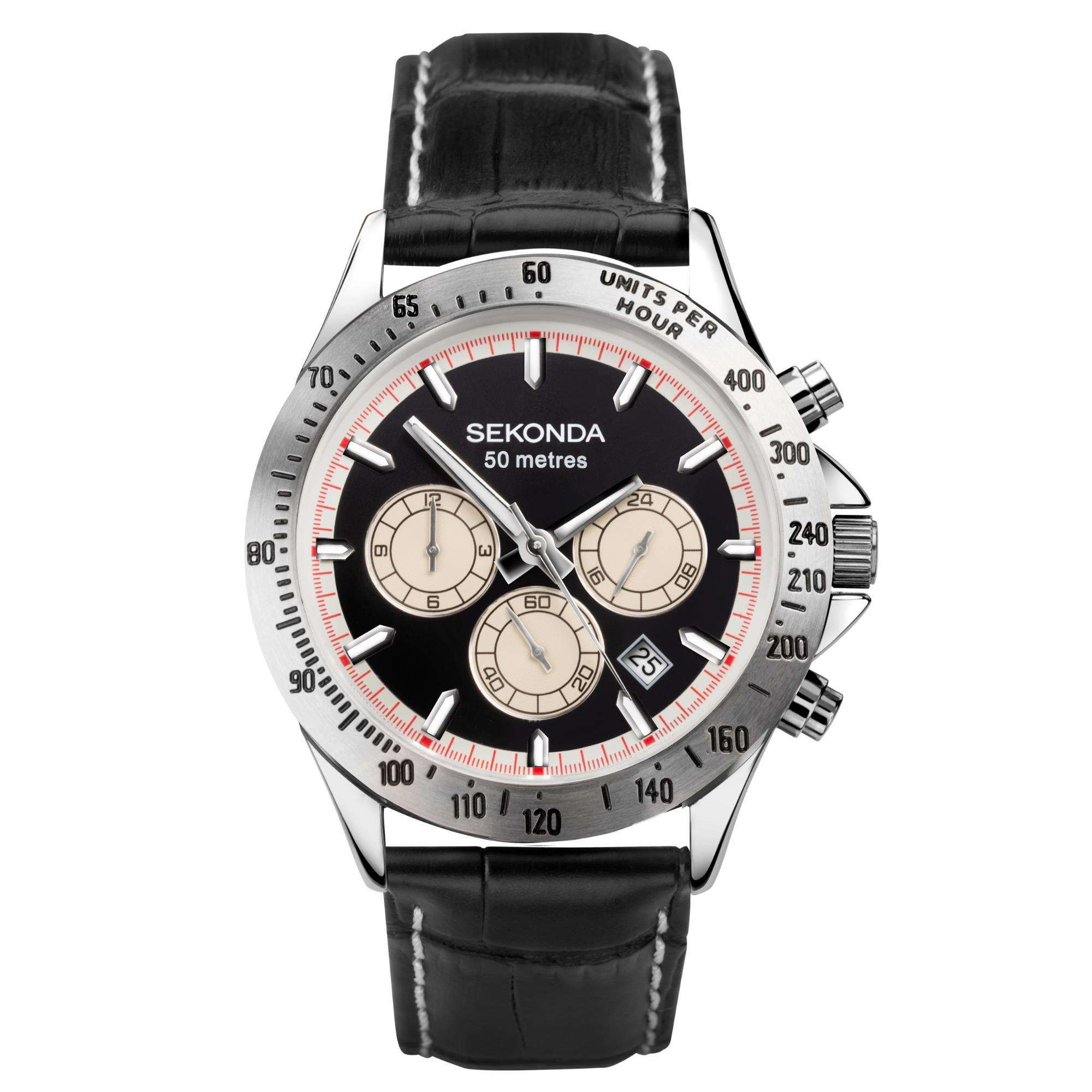 Sekonda Chronograph Quartz Schwarzes Zifferblatt Schwarzes Lederarmband Herren Uhr 1721