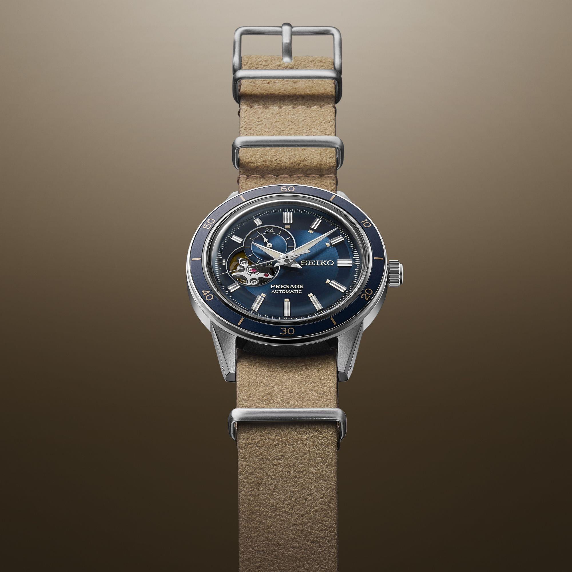 Seiko Presage Style 60s Automatik Blaues Zifferblatt Beiges Lederarmband Herren Uhr SSA453J1