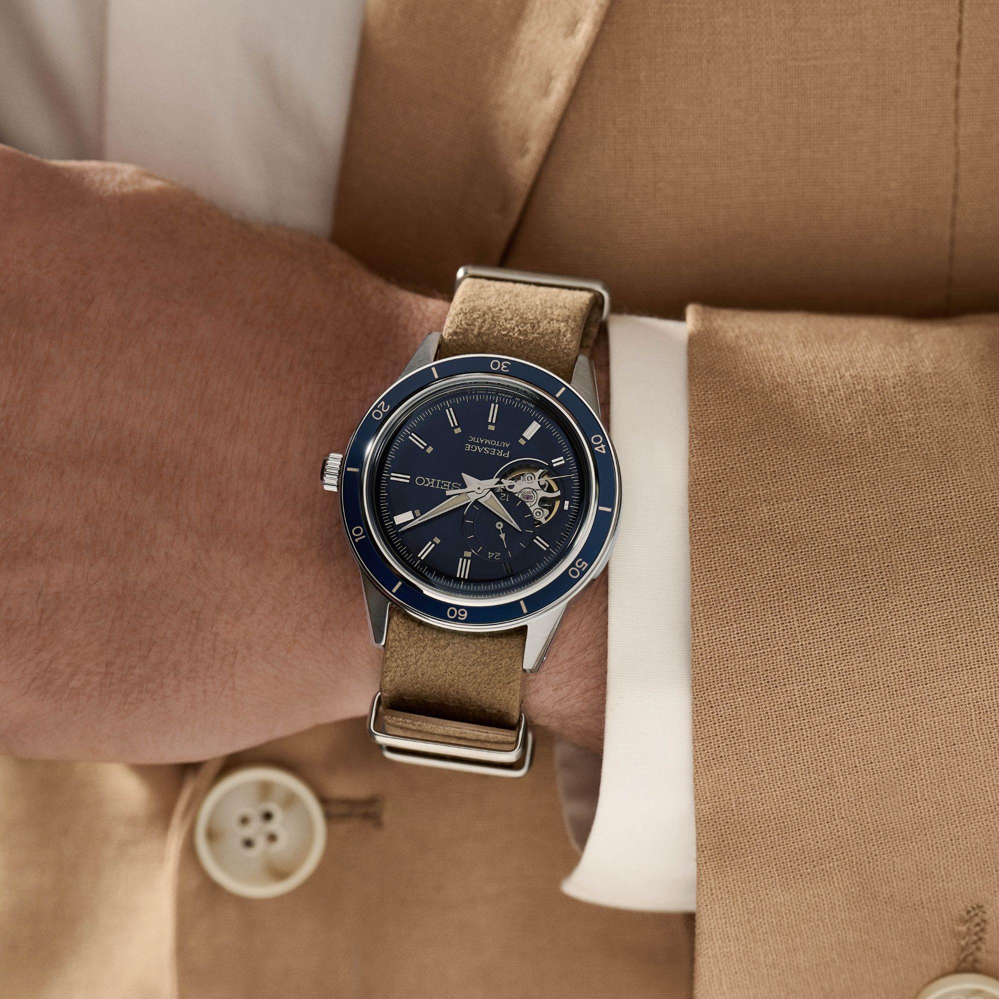 Seiko Presage Style 60s Automatik Blaues Zifferblatt Beiges Lederarmband Herren Uhr SSA453J1